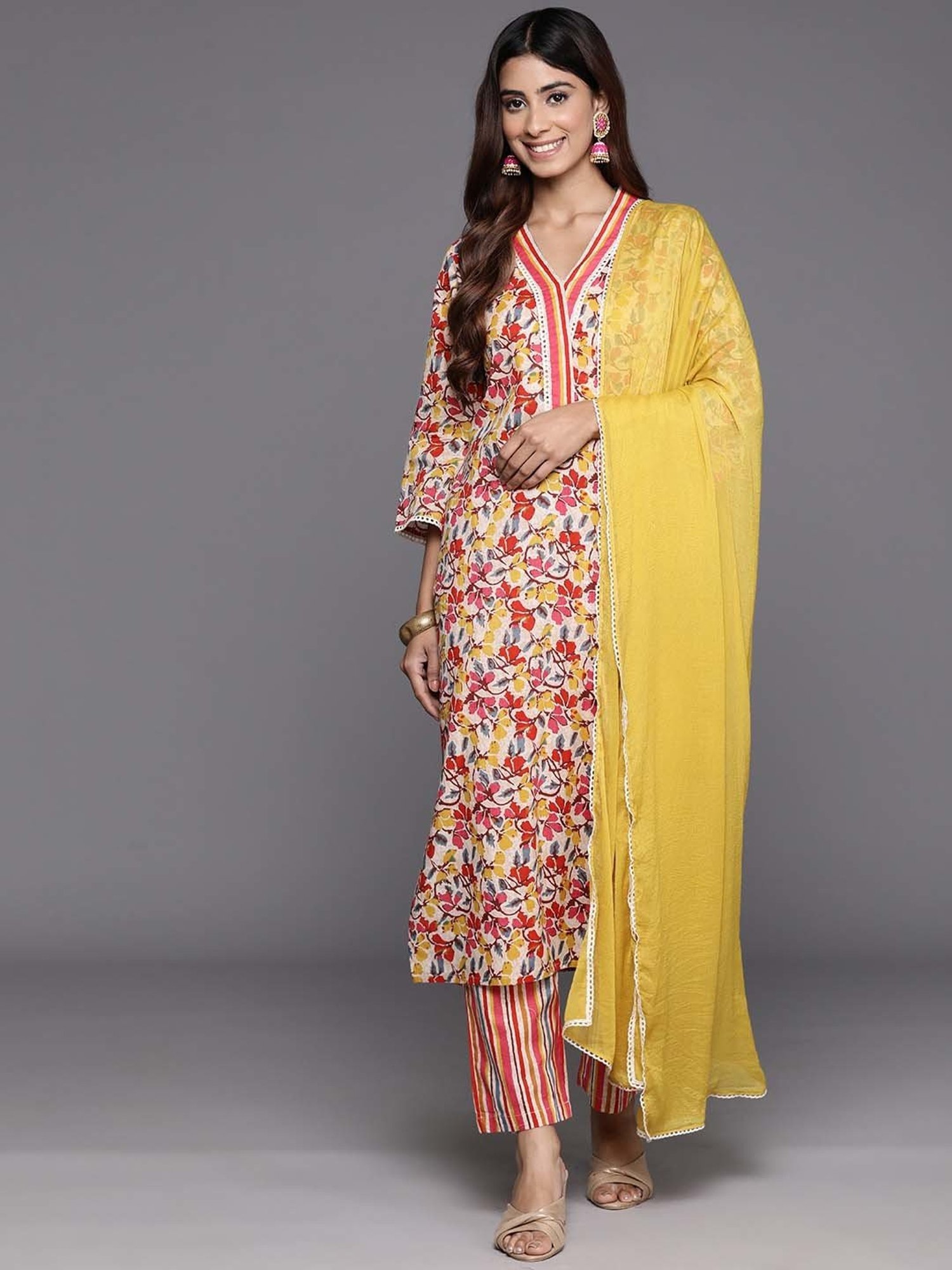 Varanga Multicolored Cotton Printed Kurta Pant Set With Dupatta
