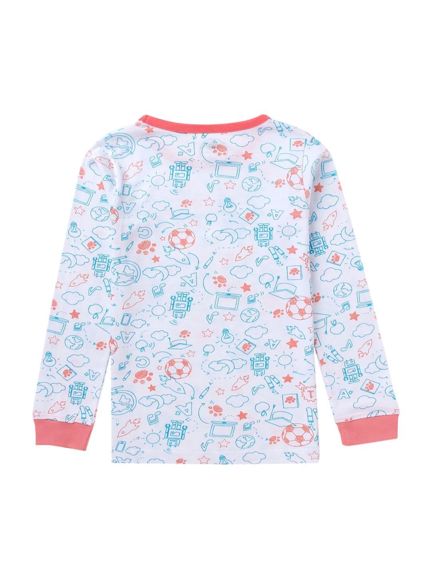 Cub McPaws Girls Off-White & Blue Cotton Printed Full Sleeves T-Shirt Set