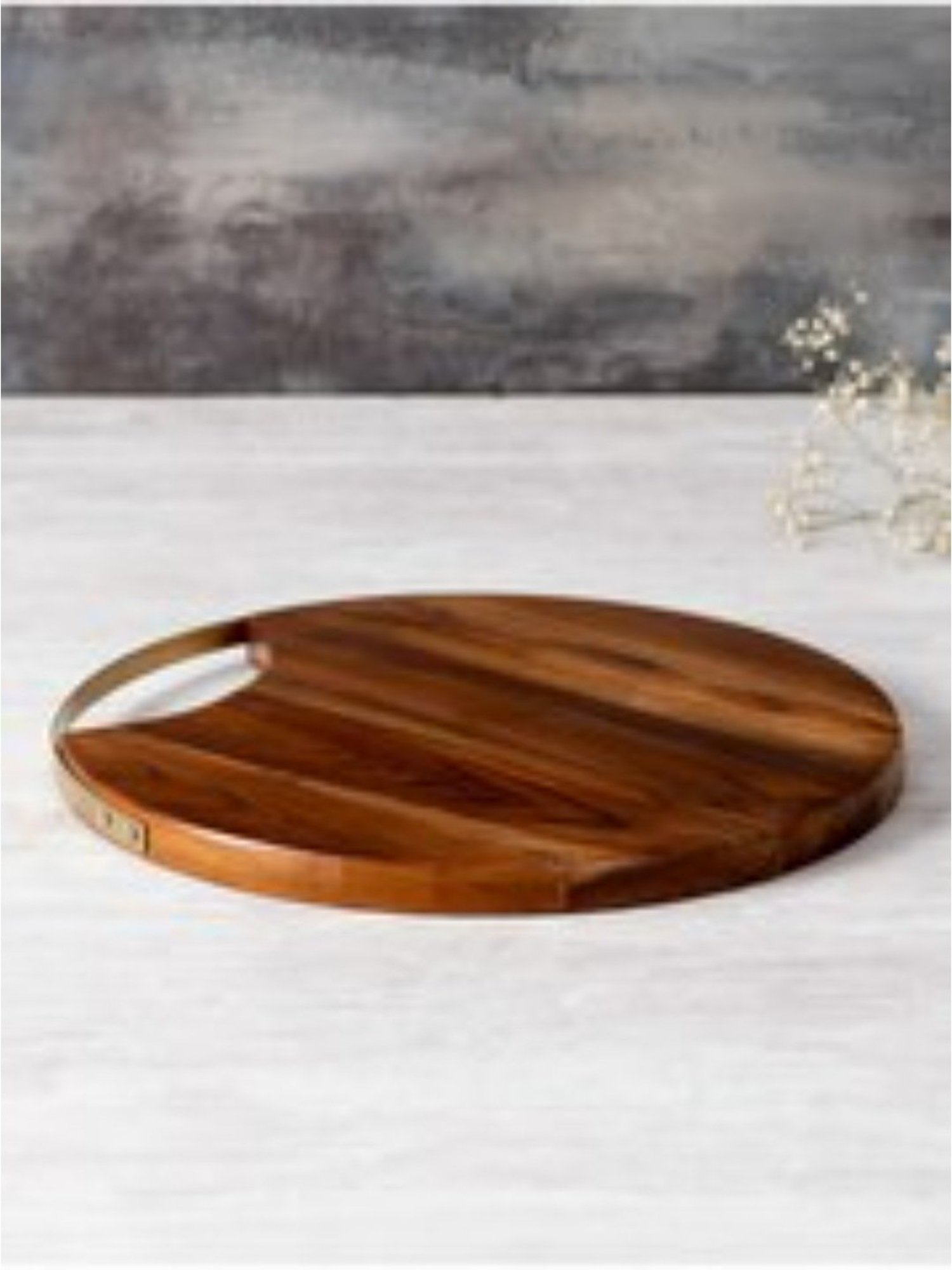 nestroots Wooden Serving Platter Cheese Board with Golden Handle for Snacks (14-Inches)