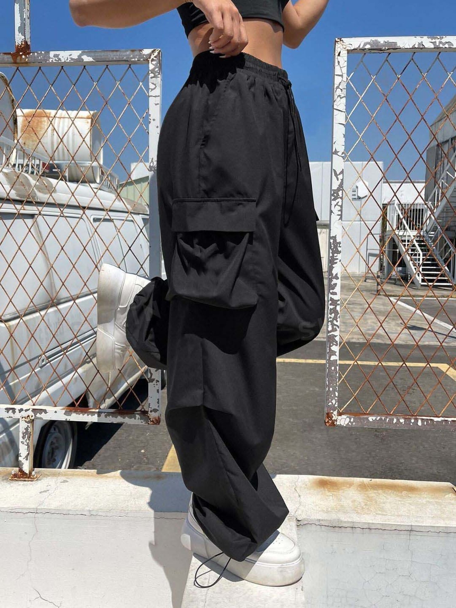 BUYNEWTREND Black High Rise Cargo Pants