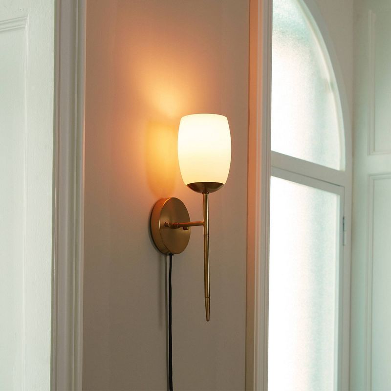 Plug-in or Hardwire Wall Sconce with Opal Glass Shade Matte Brass - Globe Electric