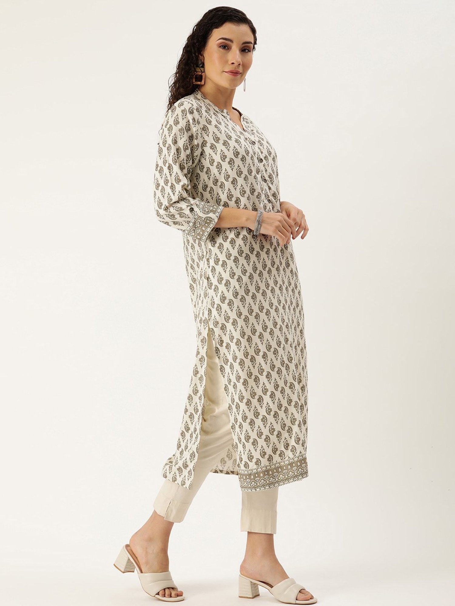 Amukti Beige Rayon Printed Straight Kurta