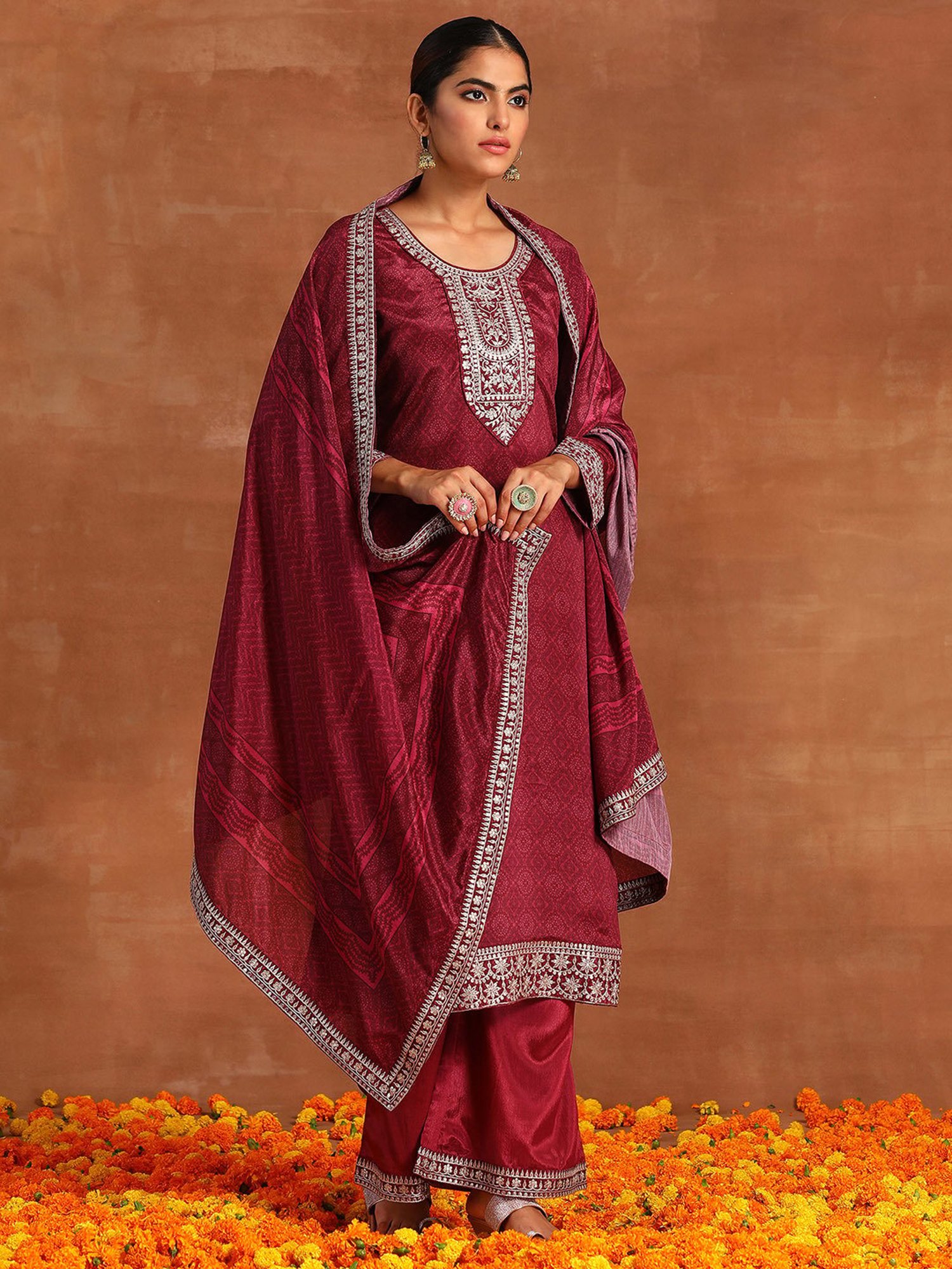 Indo Era Maroon Embroidered Kurta With Pant & Dupatta