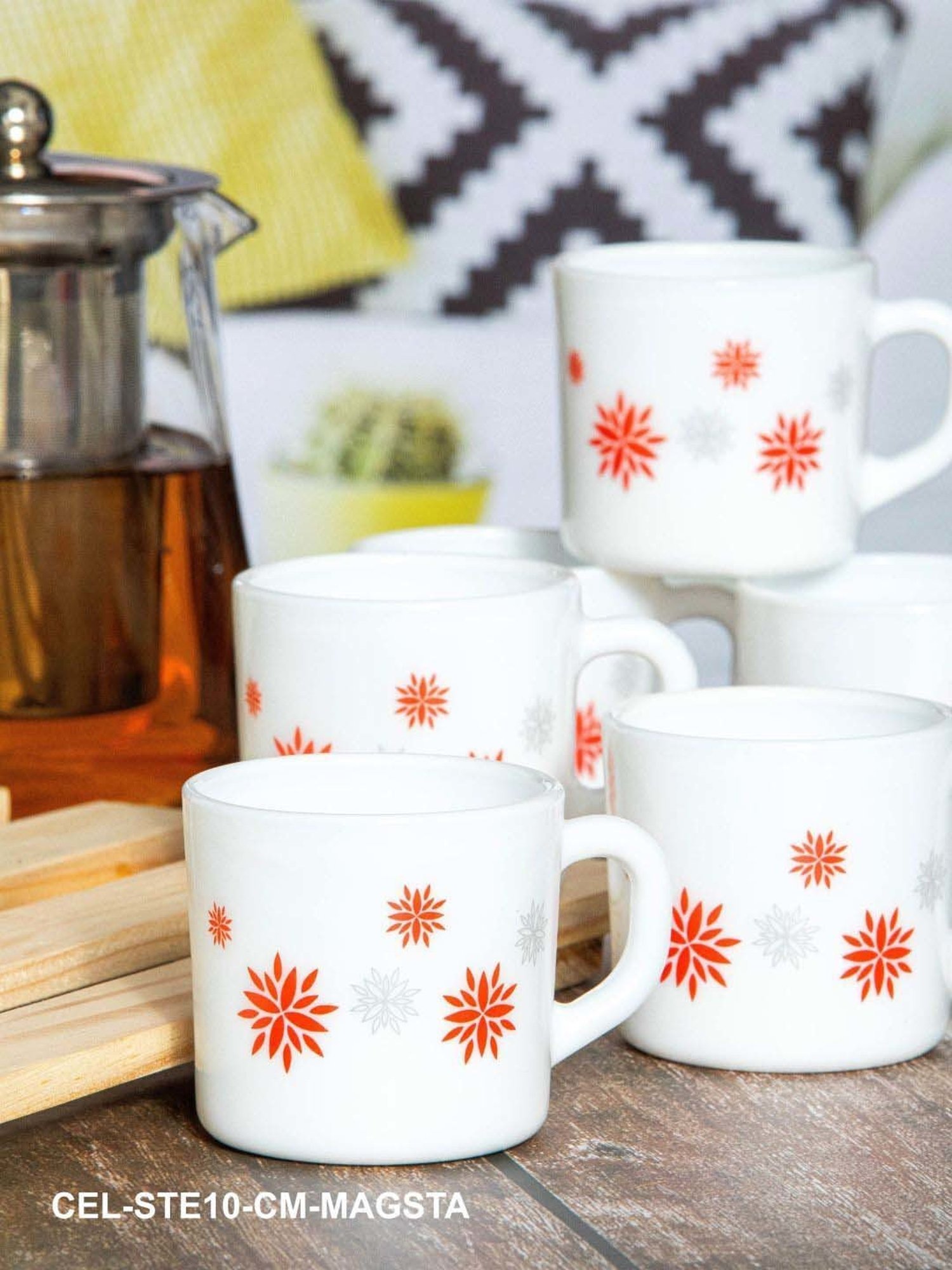 Cello White & Orange Glass Coffee Mug (0.1 L) - Set of 6