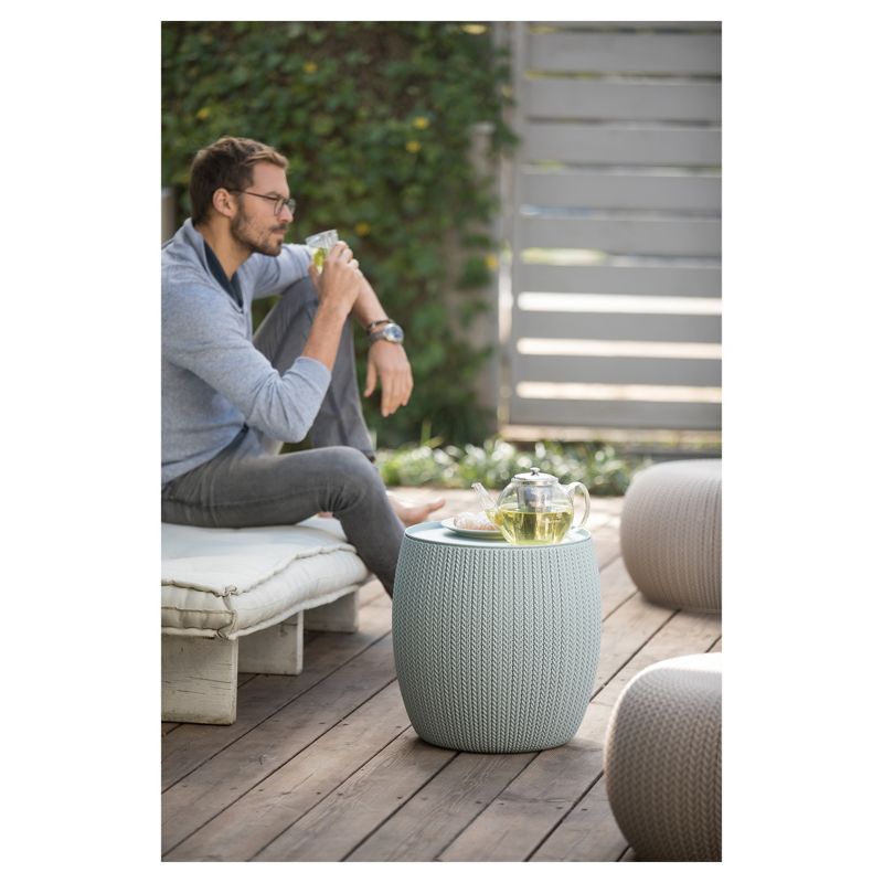 Urban Cozy Knit Outdoor Poufs and Table Balcony 3 Pc Set - Taupe/Blue - Keter