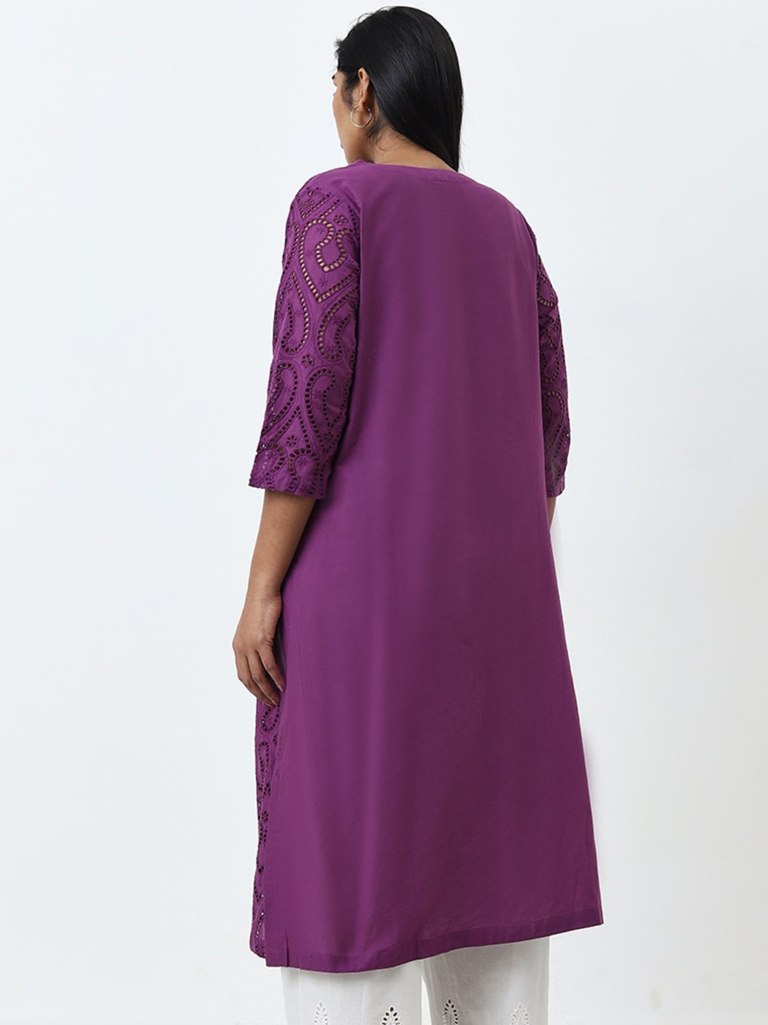 Diza by Westside Purple Schiffli Design A-Line Cotton Kurta