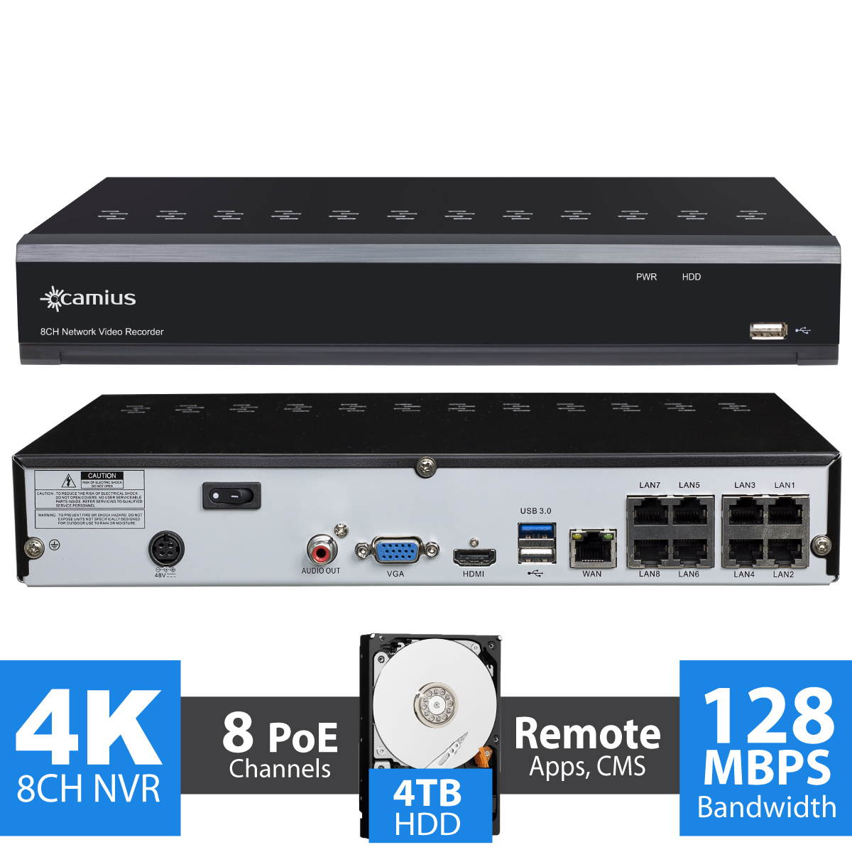 Camius 4K 8 Channel NVR security system with 4TB Hard Drive, 8 x 5MP Dome & Bullet PoE cameras with audio - built-in mic - Wide Angle View, Color Night Vision, Free PC, Mac NVR Software, Mobile App