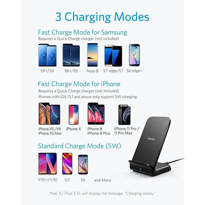 Wireless Charger, PowerWave 7.5 Stand, Qi-Certified, Fast Charging iPhone 11, 11 Pro, 11 Pro Max, XR, Xs Max, Xs, X, 8, 8 Plus, Galaxy S 20 S10 S9 S8, Note 10 Note 9 (No AC Adapter) - White