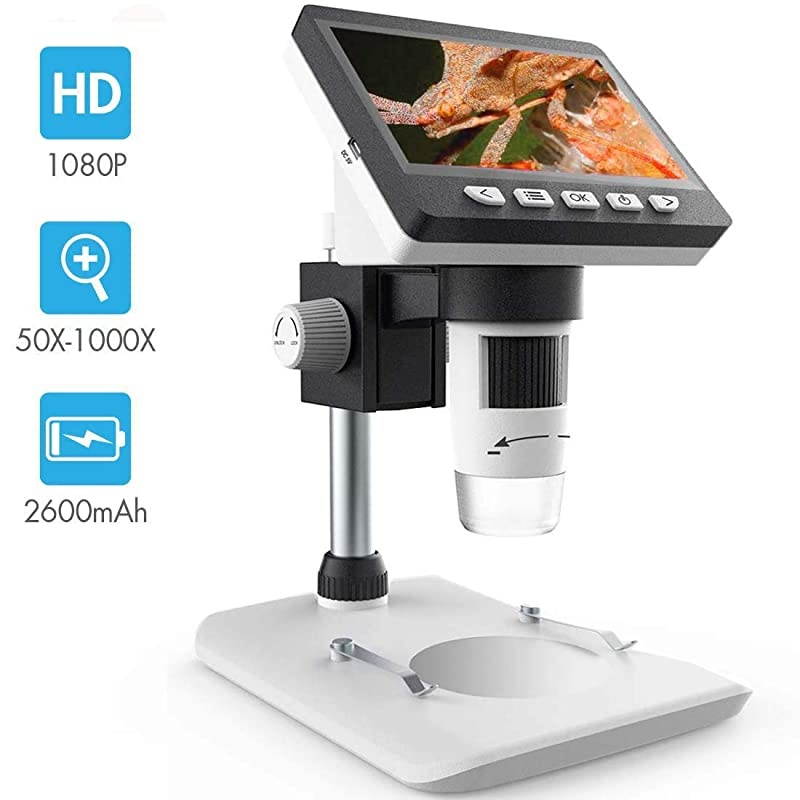 LCD Digital Microscope  43 inch 50X1000X Magnification Zoom HD 1080P 2 Megapixels Compound 2600 mAh Battery USB Microscope 8 Adjustable LED Light Video Camera Microscope with 8G TF Card
