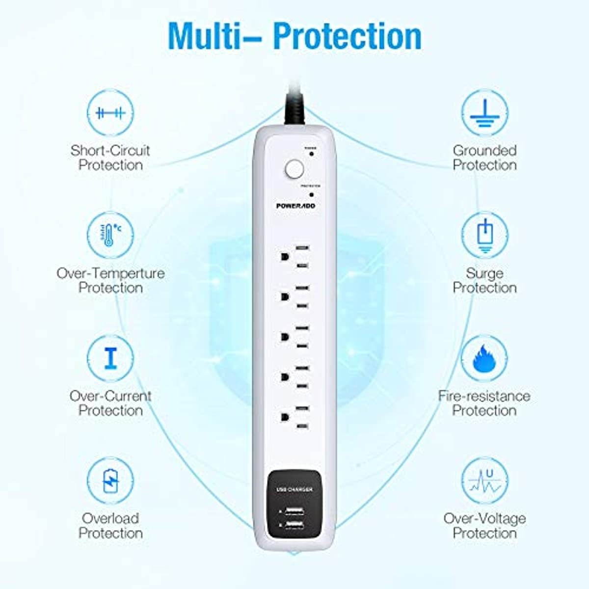 6Outlet + 2 USB 1050 Joule Surge Protector Power Strip with 25Ft Long Extension Cord White UL Listed