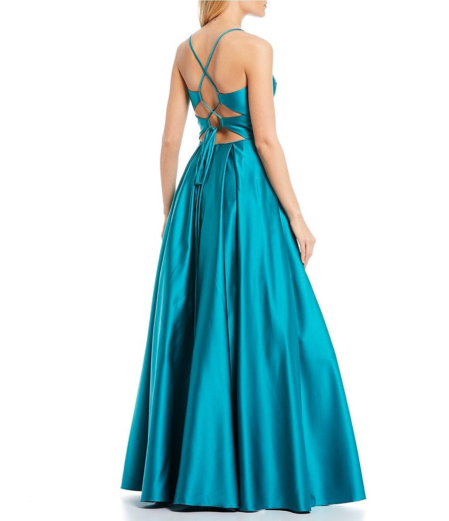 Blondie Nites Spaghetti Strap Lace-Up Back Beaded Pockets Satin Ball Gown