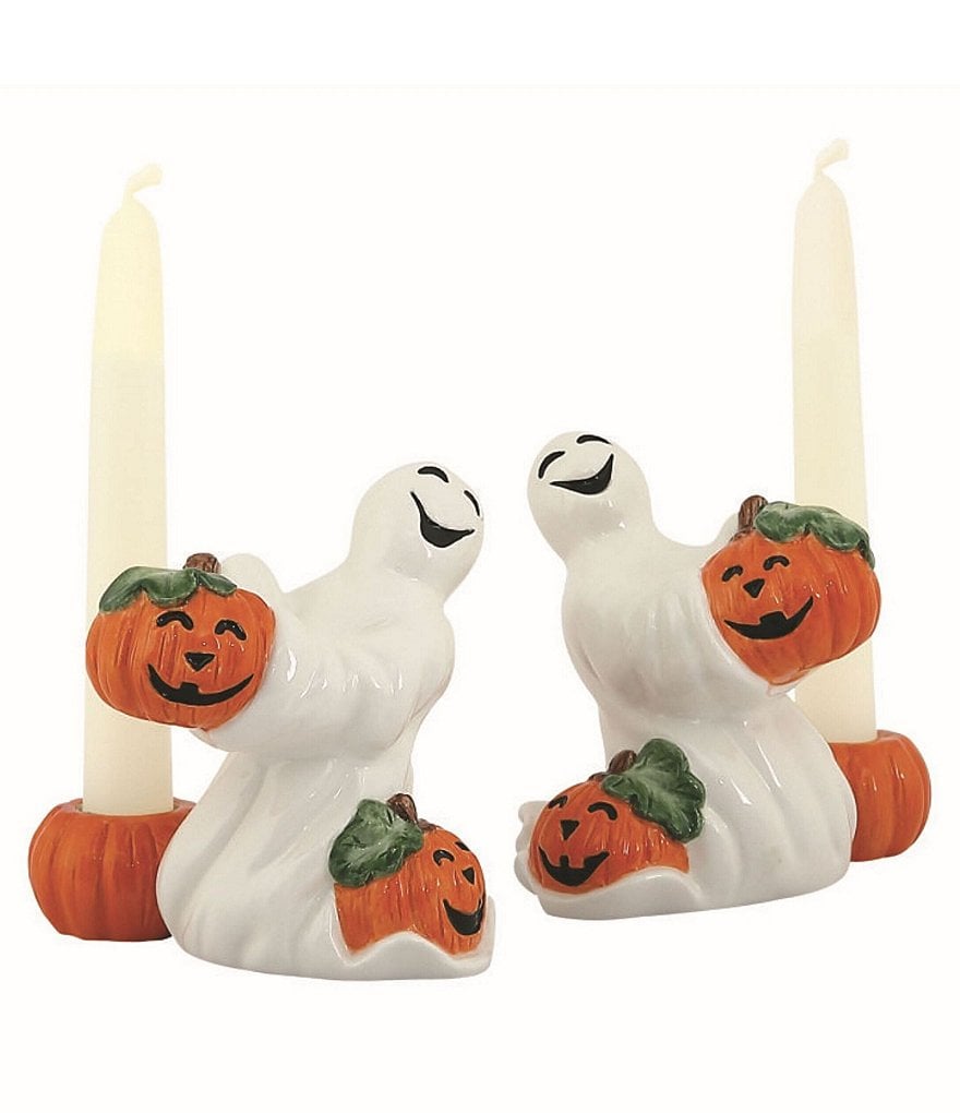 Fitz and Floyd Halloween Ghost with Pumpkins Candleholder, Set of 2