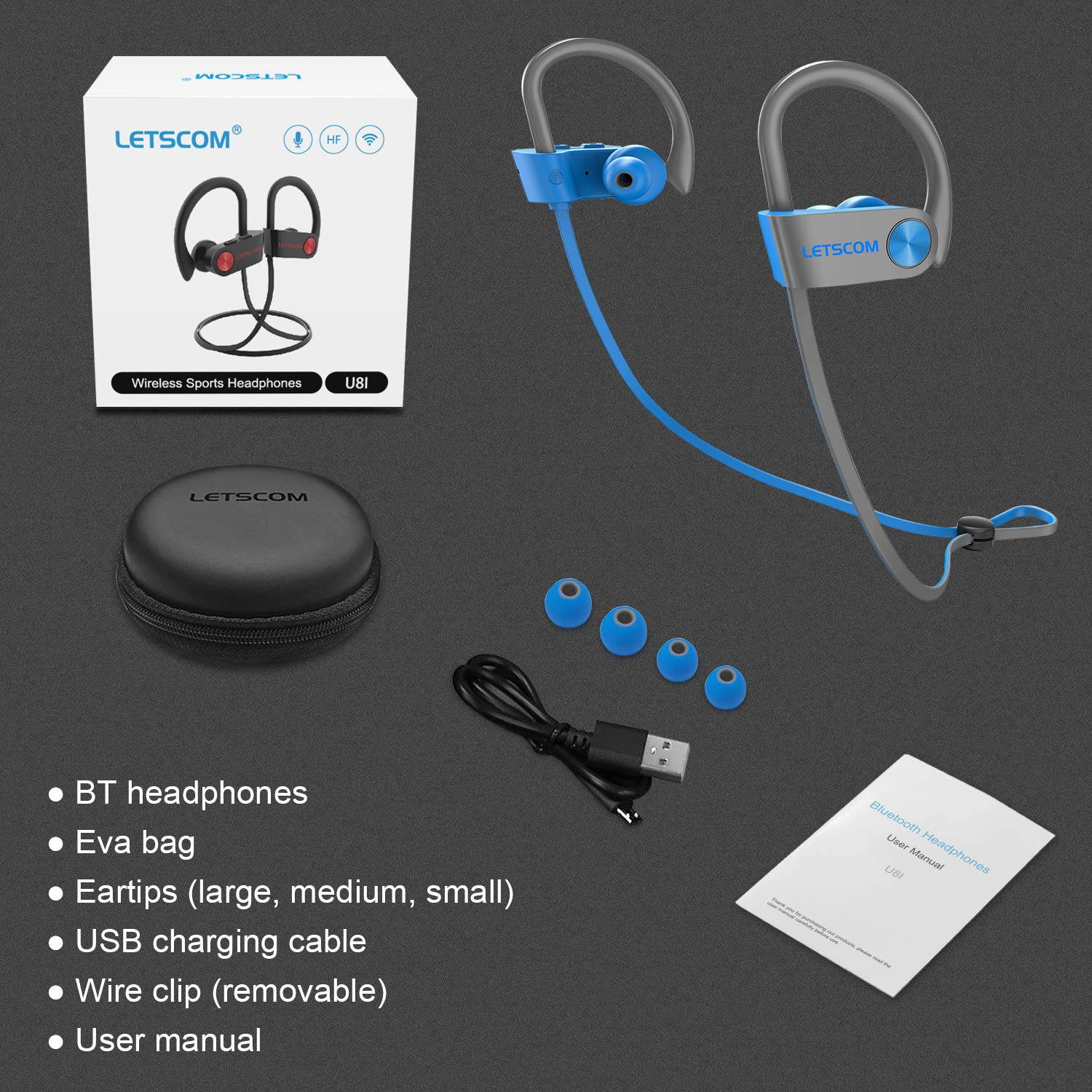 Bluetooth Headphones IPX7 Waterproof, Wireless Sport Earphones, HiFi Bass Stereo Sweatproof Earbuds w/Mic, Noise Cancelling Headset for Workout, Running, Gym, 8 Hours Play Time