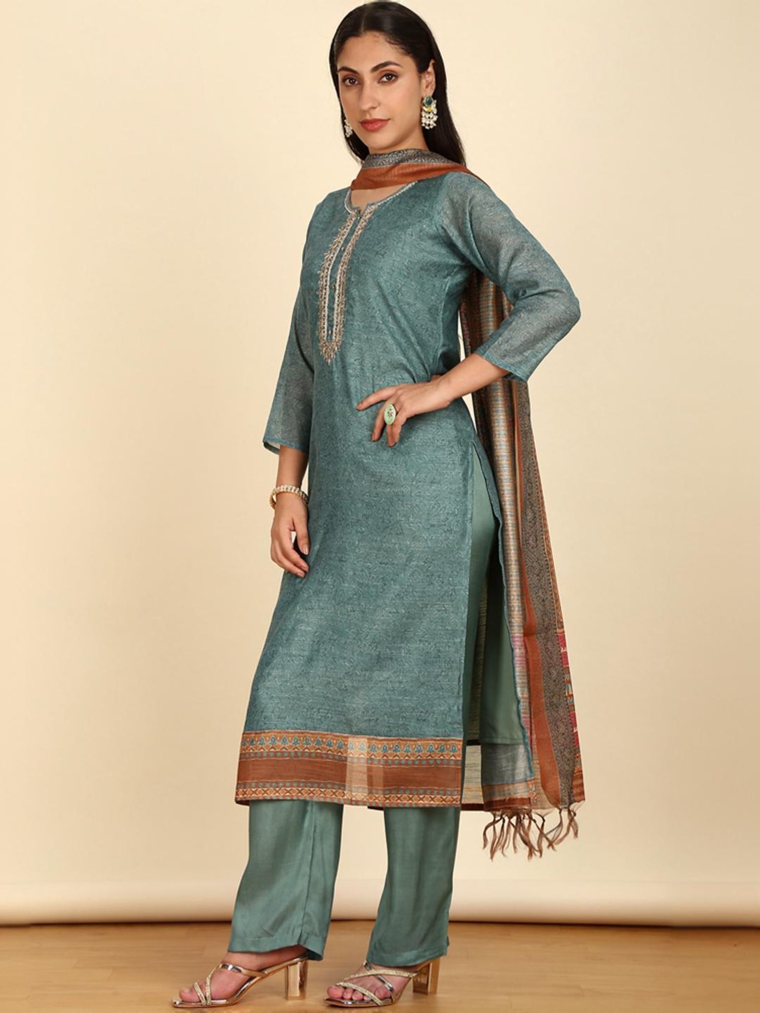 Soch Womens Turquoise Blue Floral Print Chanderi Unstitch Dress Material With Cutdana