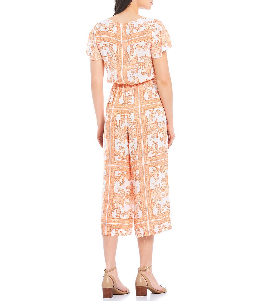 MICHAEL Michael Kors Scarf Print Dray Crepe V-Neck Flutter Sleeve Cropped Jumpsuit