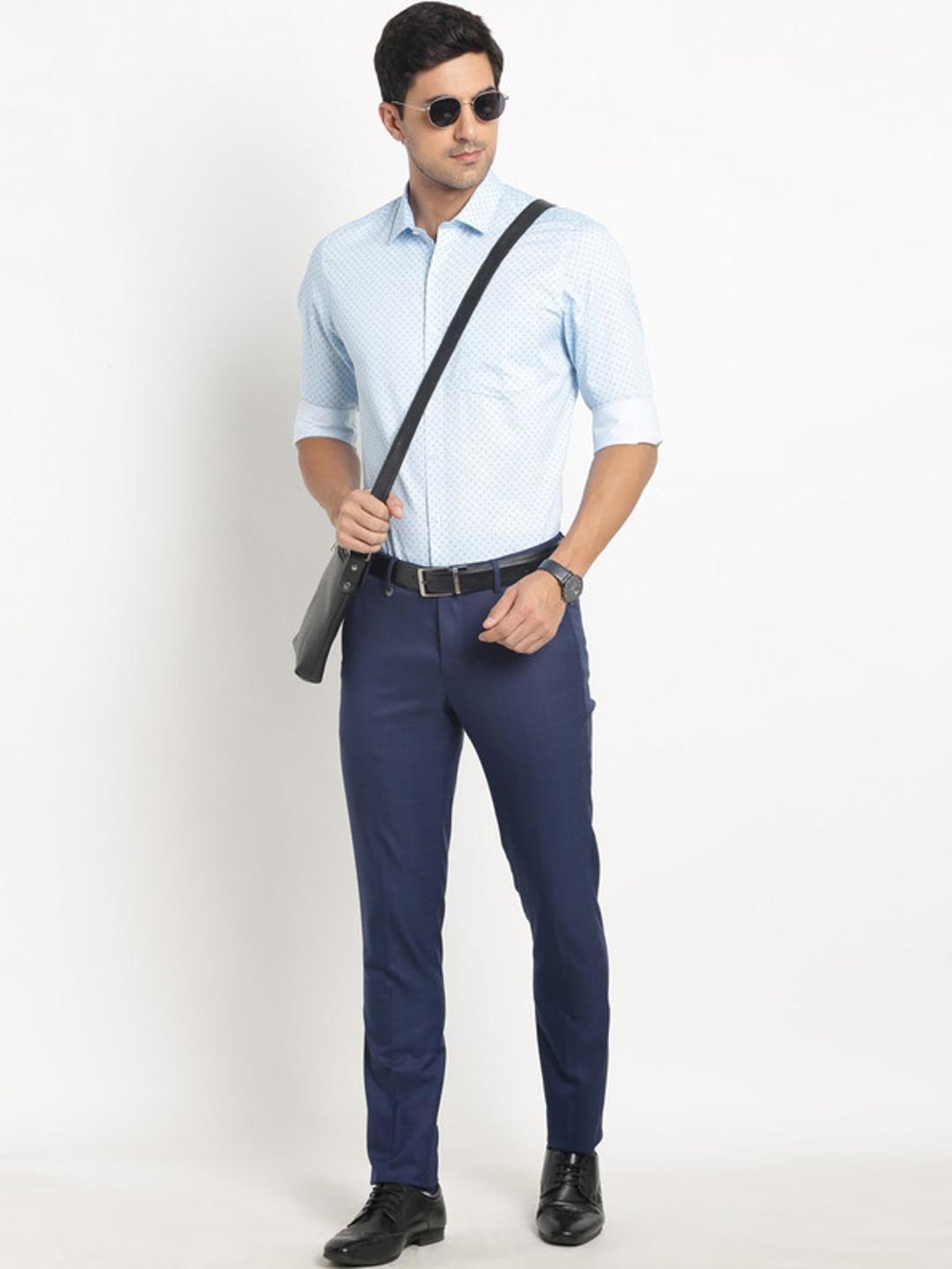 Turtle Light Blue Cotton Slim Fit Printed Shirt