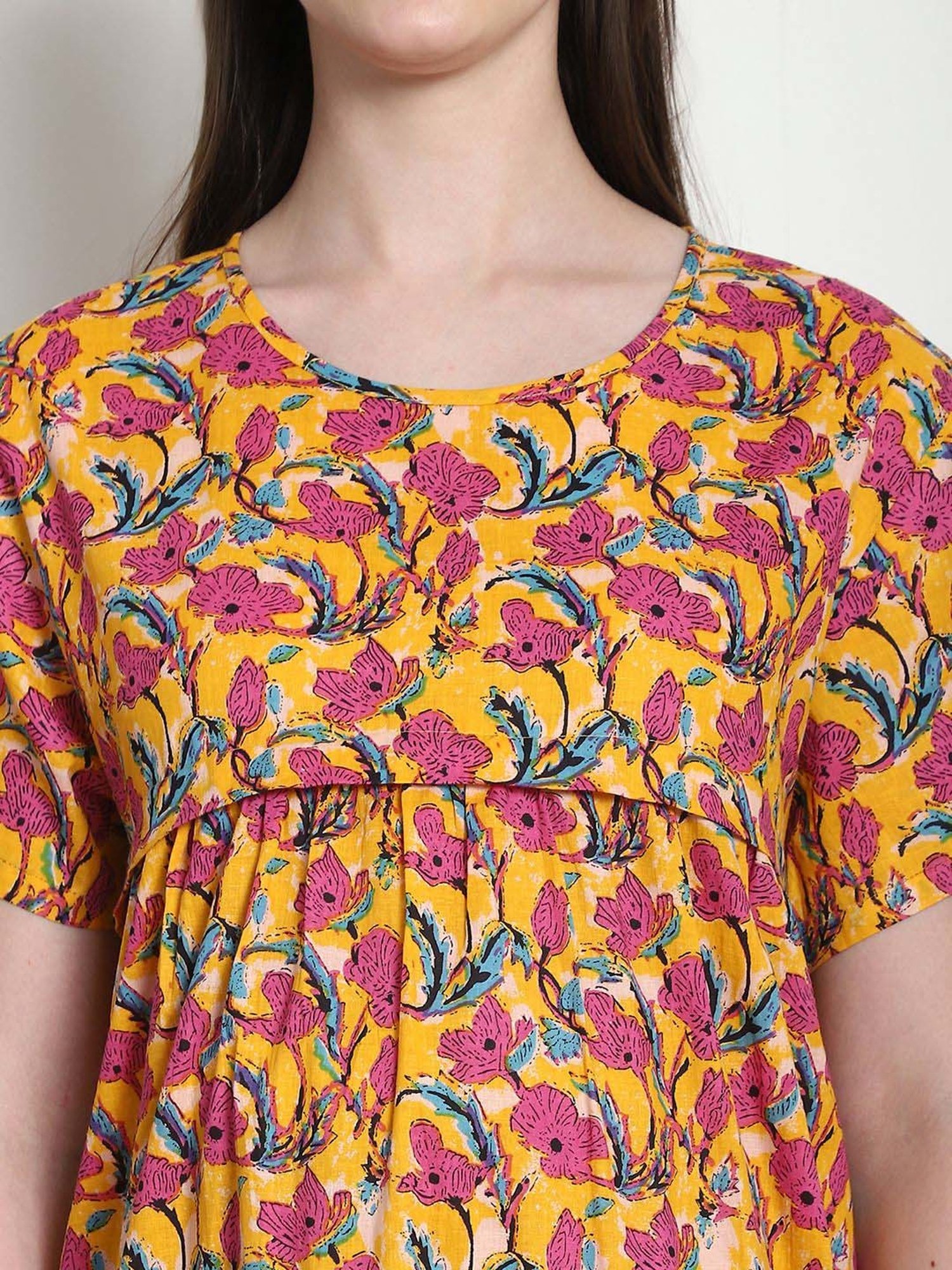 Secret Wish Yellow & Pink Cotton Floral Straight Nighty