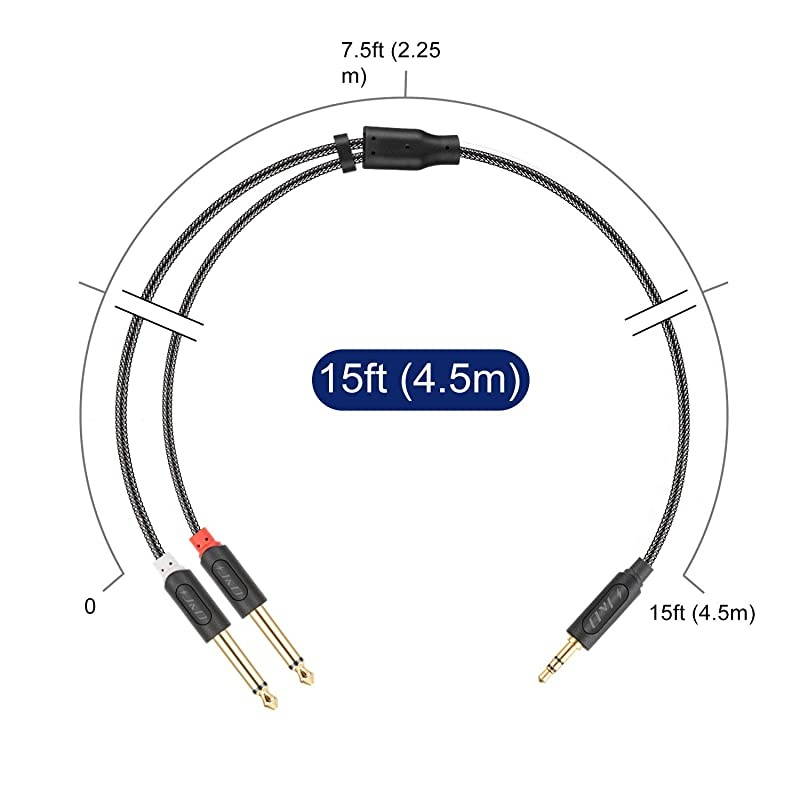 35 mm to 2 x 635 mm GoldPlated Audiowave Series 35mm 18 inch TRS Male to 2X 635mm 14 inch TS Male Mono Cable Splitter with PVC Shelled Housing and Nylon Braid 15 Feet