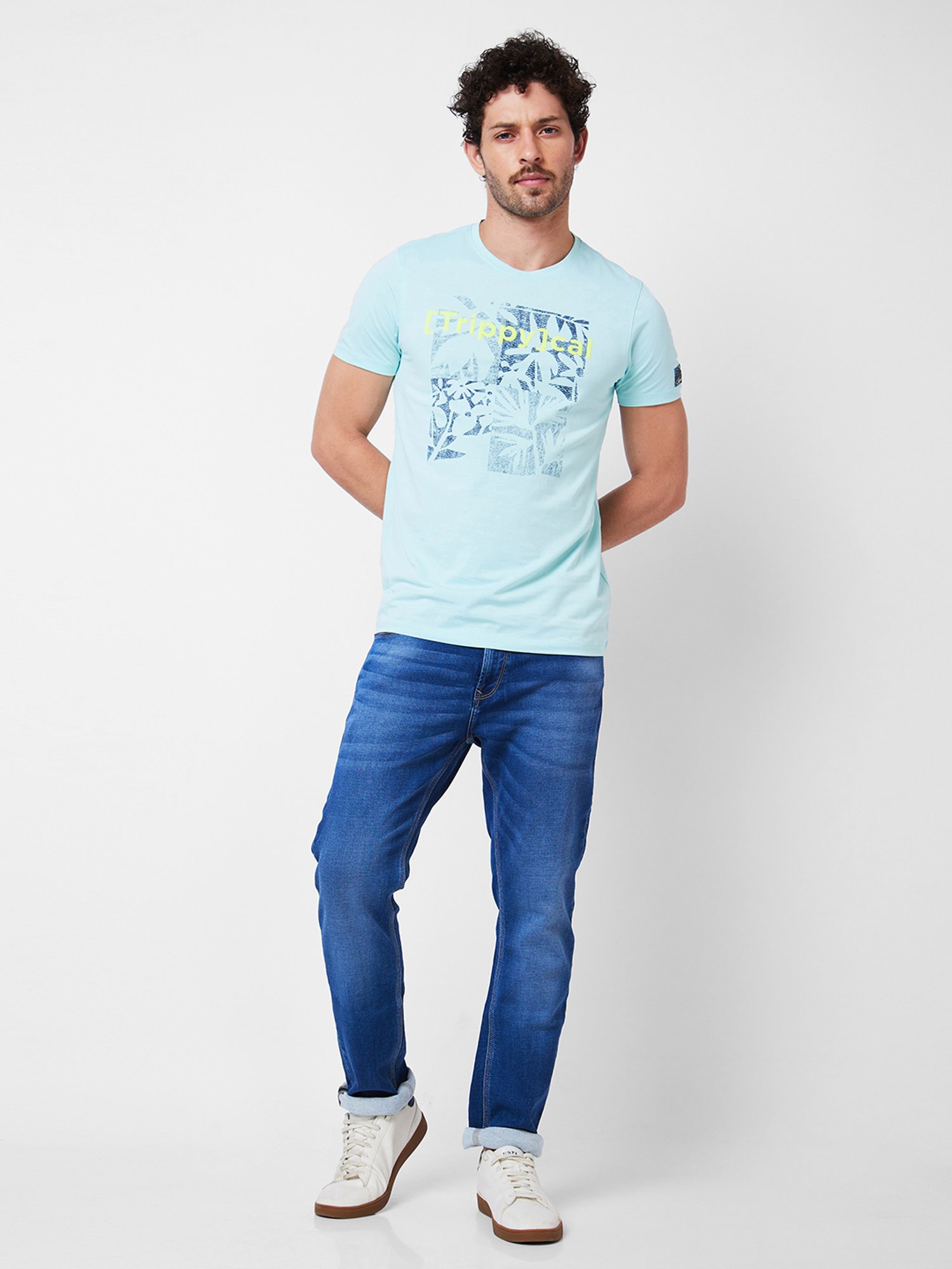 Spykar Light Blue Slim Fit Printed Crew T-Shirt