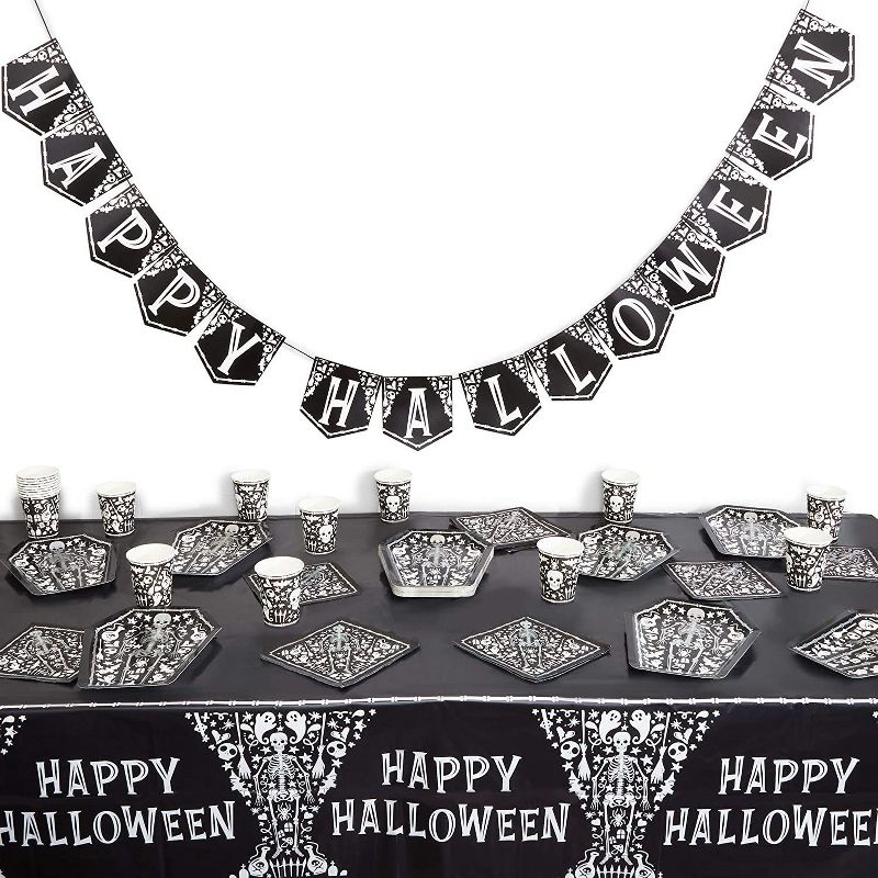 Spooky Central 3 Pack Skeleton Plastic Tablecloth, Black Halloween Table Cover (54 x 108 in)