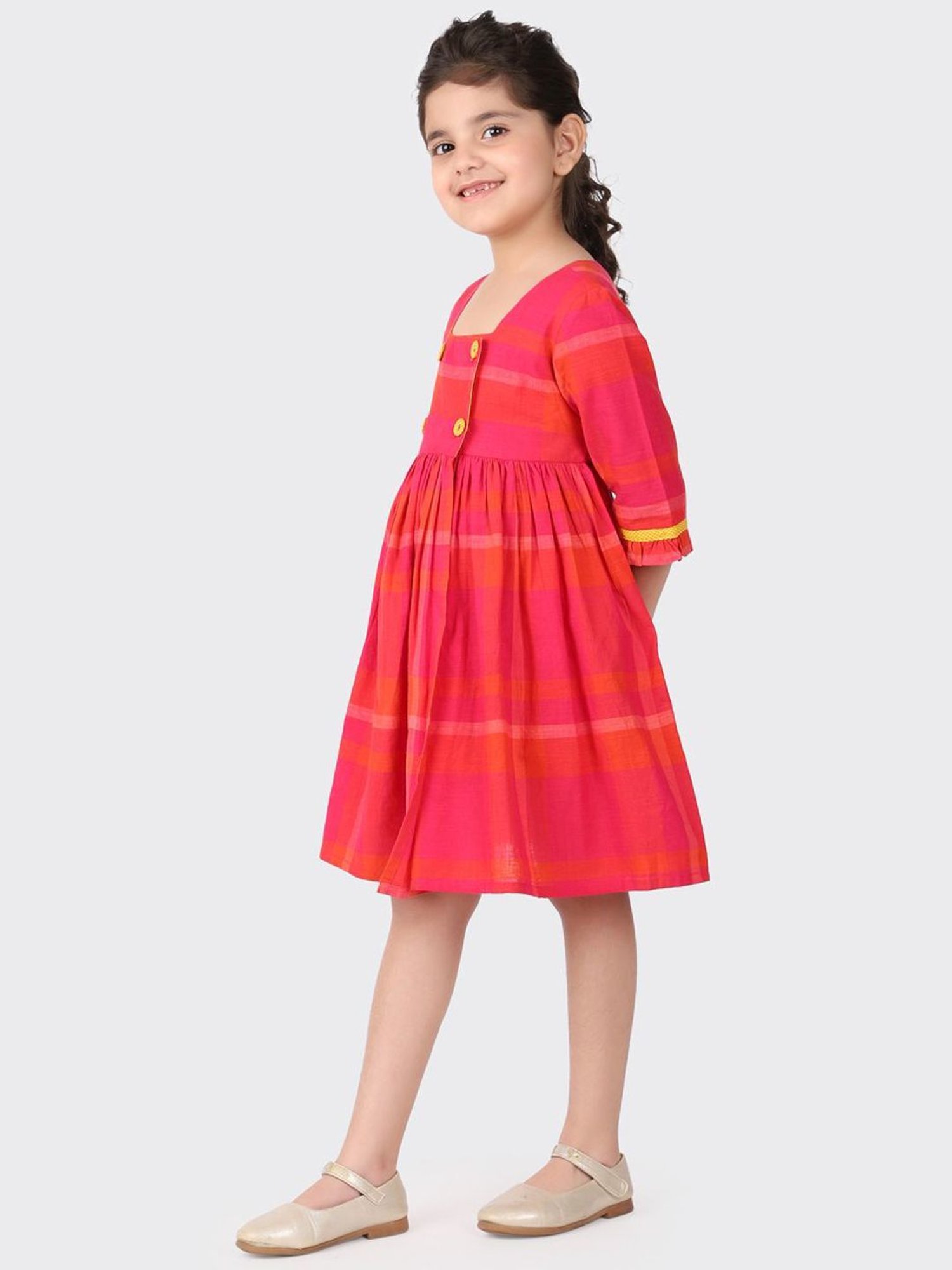 Fabindia Kids Red Cotton Chequered Dress