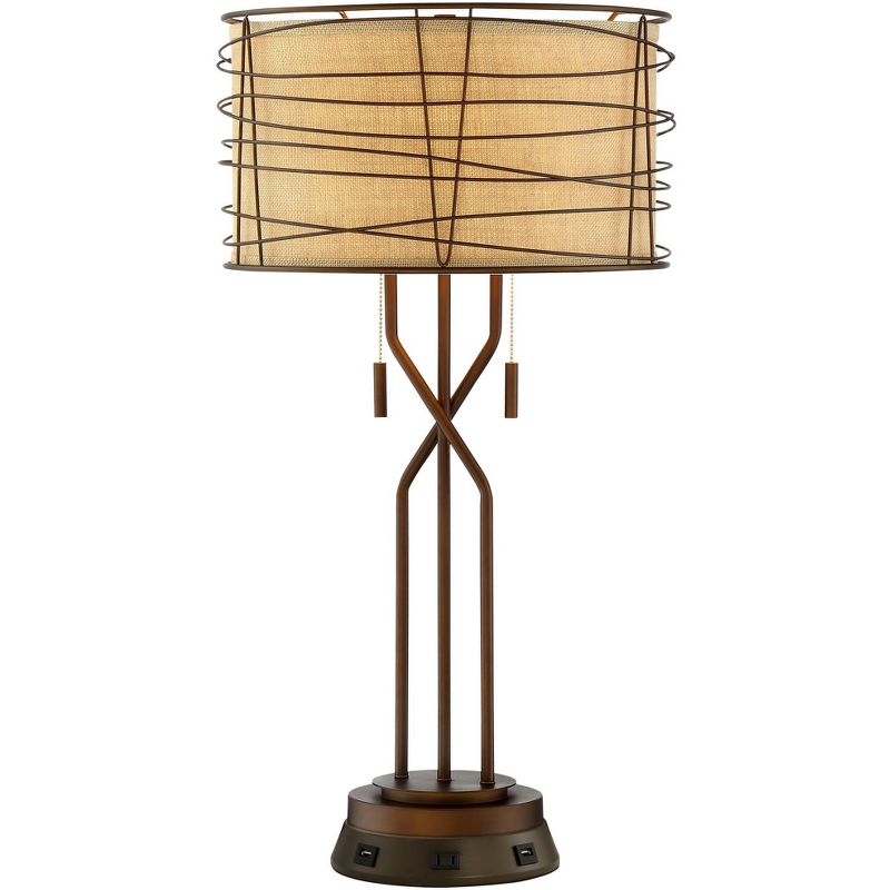 Franklin Iron Works Industrial Table Lamp with USB and AC Power Outlet Workstation Charging Base Bronze Woven Metal Burlap Bedroom