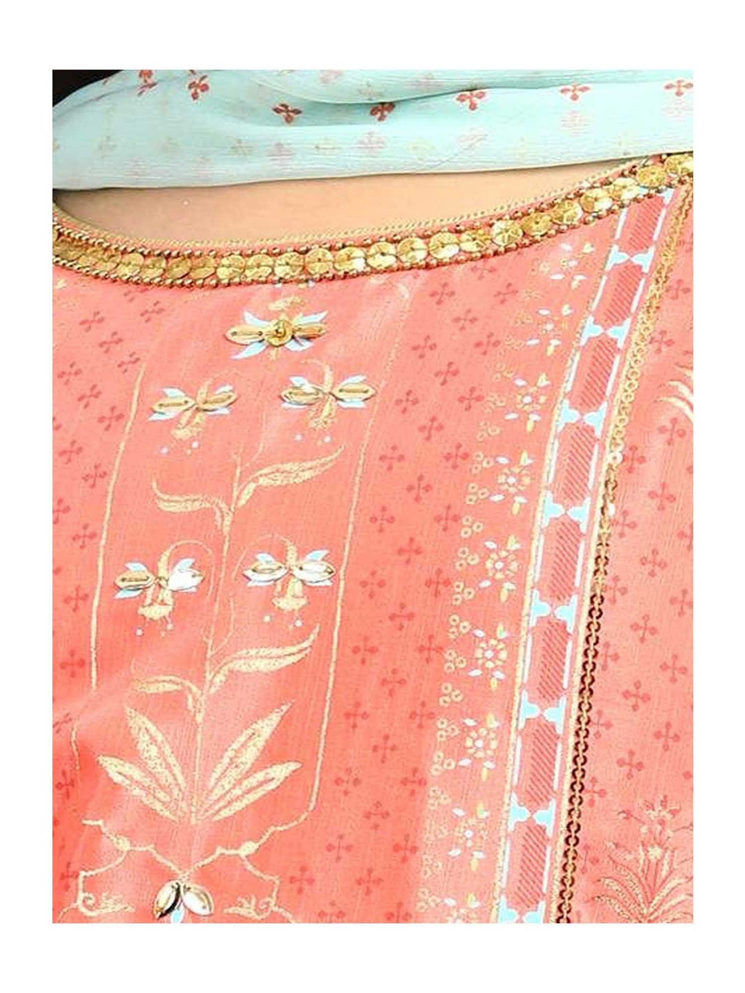 Aurelia Kids Peach & Blue Printed Kurta, Sharara with Dupatta