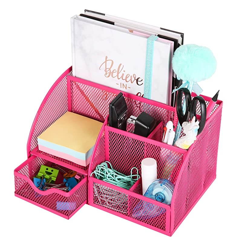 Mesh Desk Organizer Office with 7 Compartments + DrawerDesk Tidy CandyPen HolderMultifunctional Organizer EX348 Pink