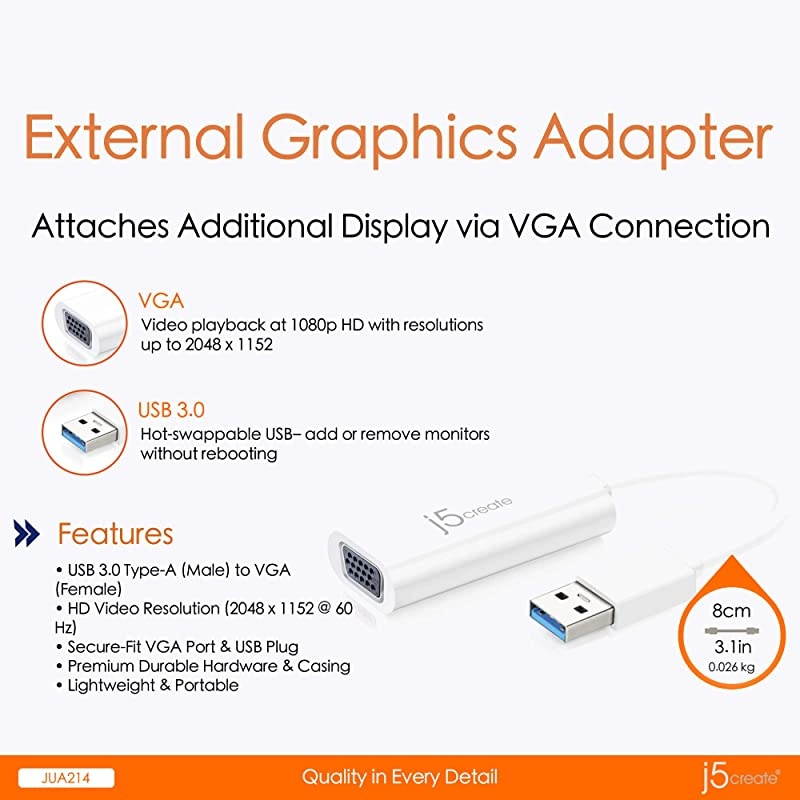USB to VGA Adapter Cable- Multi-Monitor Desktop Display USB Video Card Converter | 1080p HD Playback | Compatible with Windows 10, 8.1, 8, 7, XP, and Mac OS - White