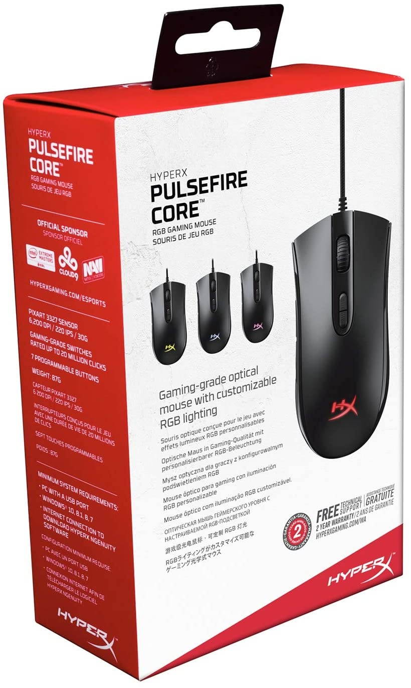 HyperX Pulsefire Core - RGB Gaming Mouse Software Controlled RGB Light Effects & Macro Customization Pixart 3327 Sensor up to 6200DPI 7 Programmable Buttons Mouse Weight 87g