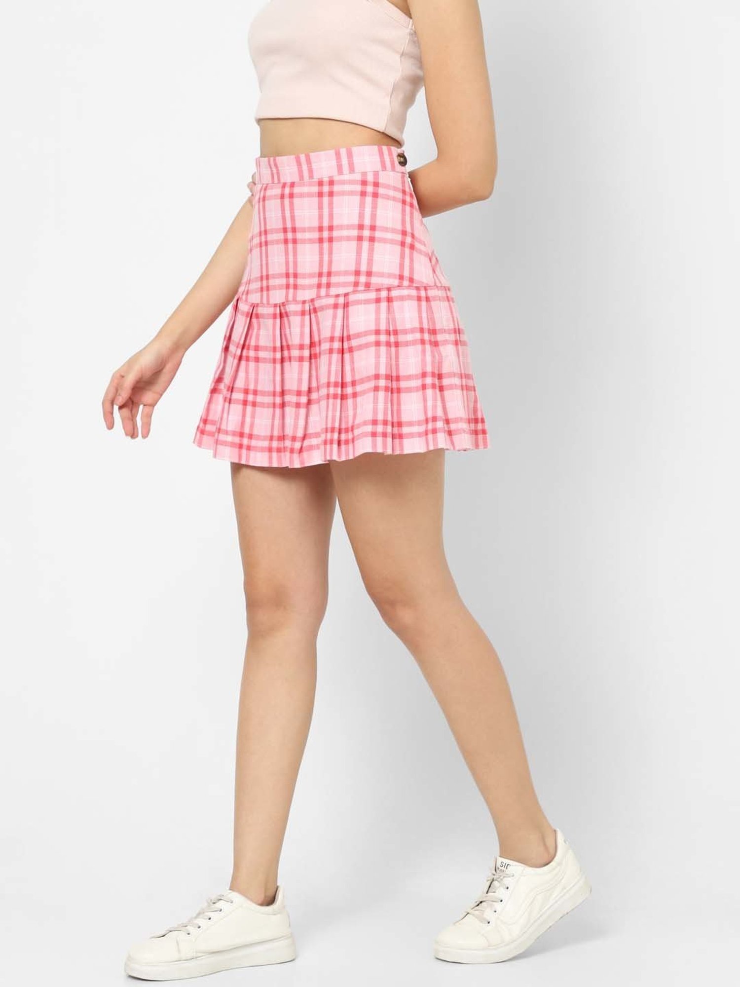 VASTRADO Pink Cotton Chequered Mini A-Line Skirt