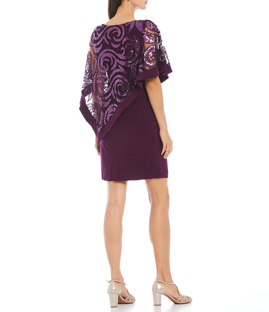 R & M Richards 3/4 Dolman Sleeve Round Neck Sequin Swirl Poncho Dress