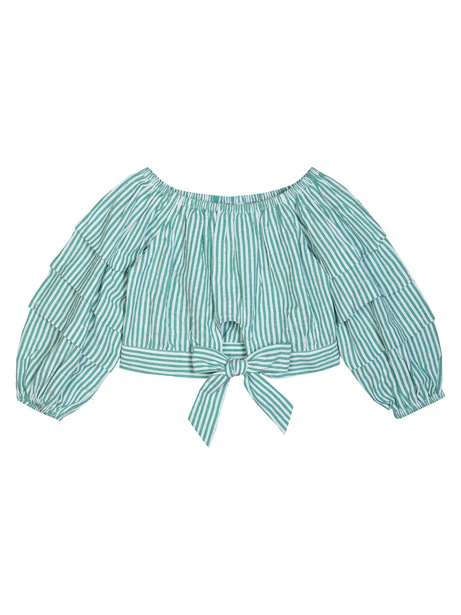Budding Bees Kids Green & White Striped Full Sleeves Crop Top