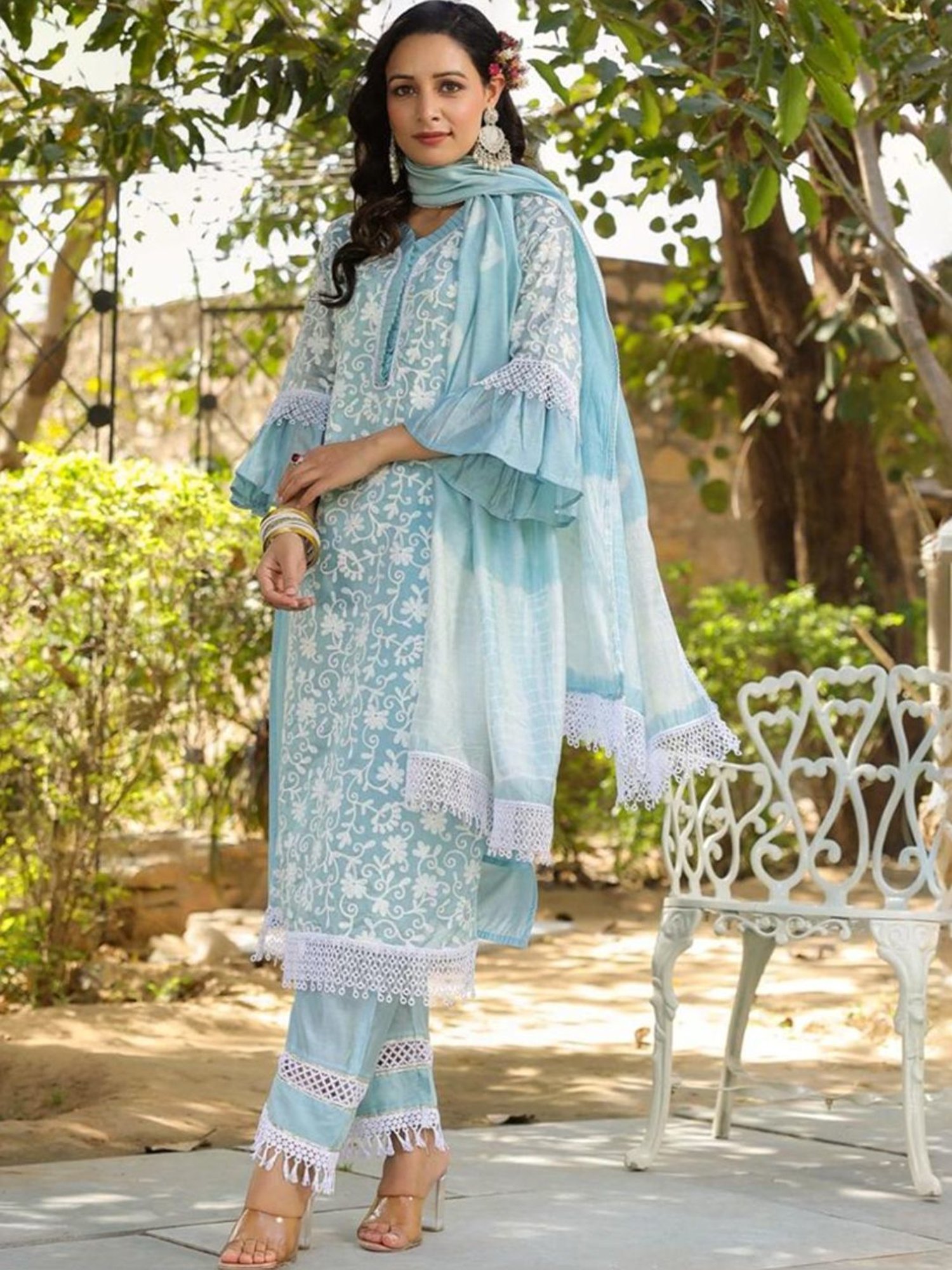 Autumnlane Blue Jeena Sky Embroidered Cotton Kurta with Pant and Dupatta