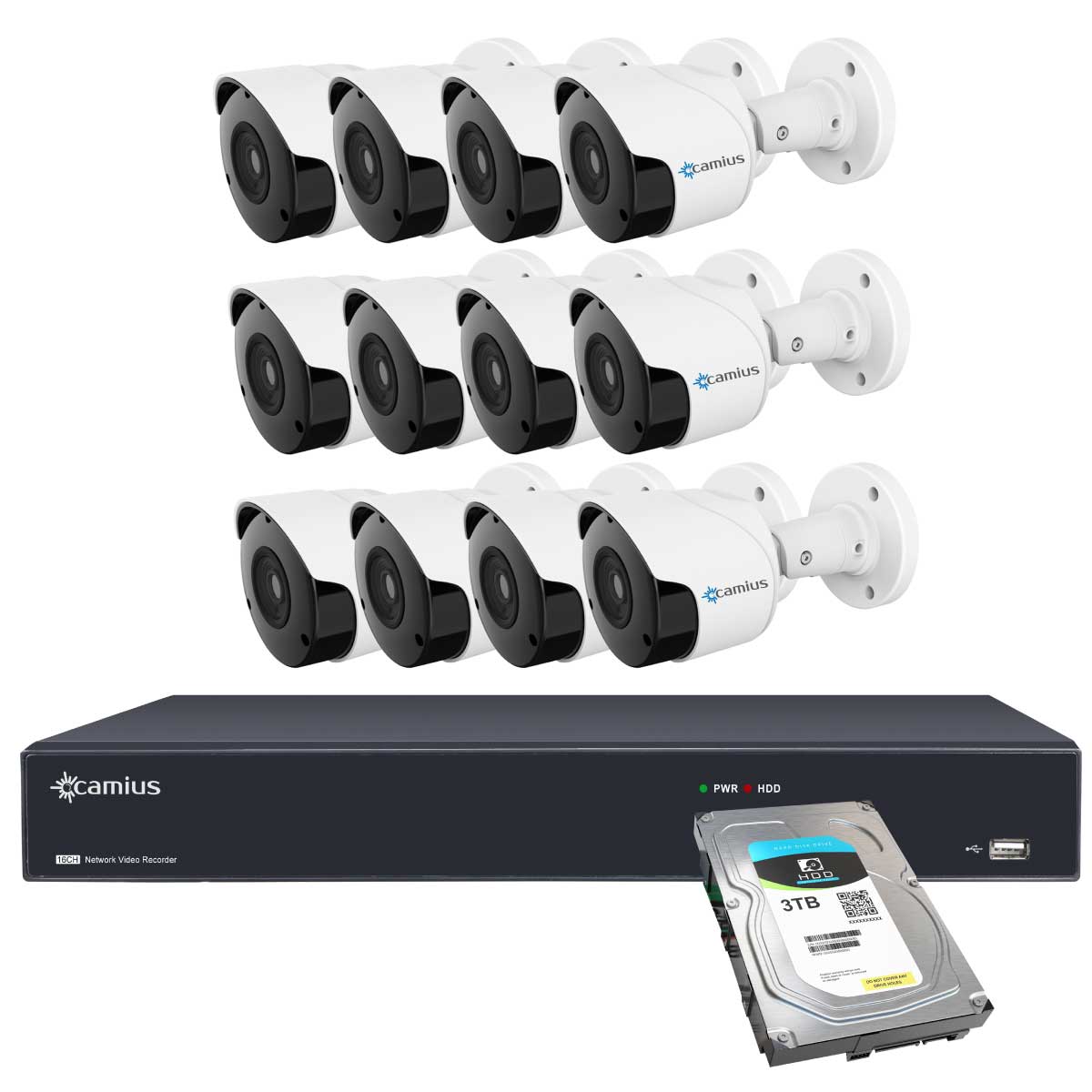 Camius 4K 16 Channel NVR system with 3TB HDD, 12 x 5MP 1944p IP PoE Audio Video Outdoor Cameras, Night Vision, 3.6mm, PC, Mac, Phone app view, Motion, Sound Detection 16PN12B3T
