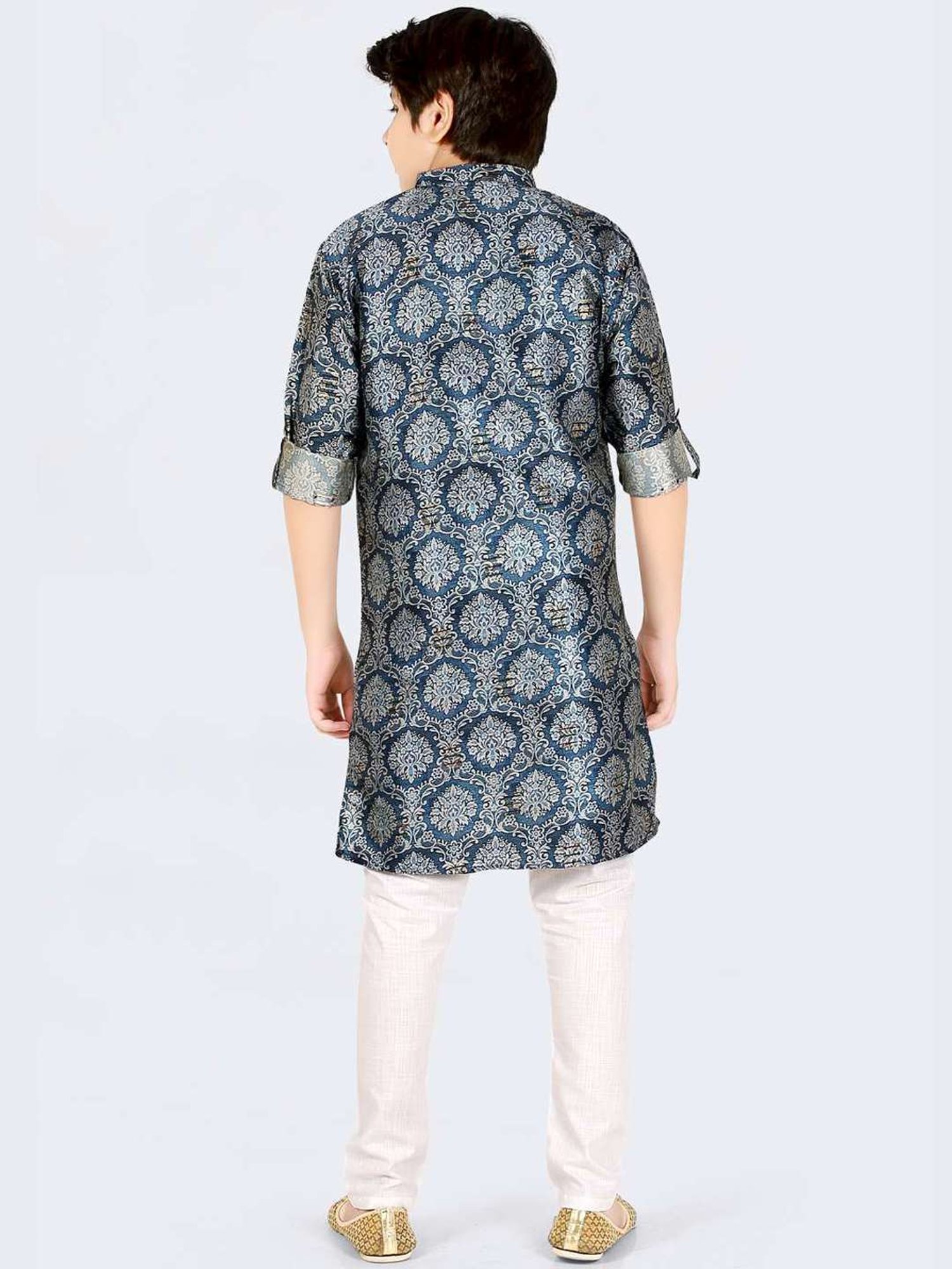 Cavio Kids Blue & White Cotton Printed Full Sleeves Kurta Set