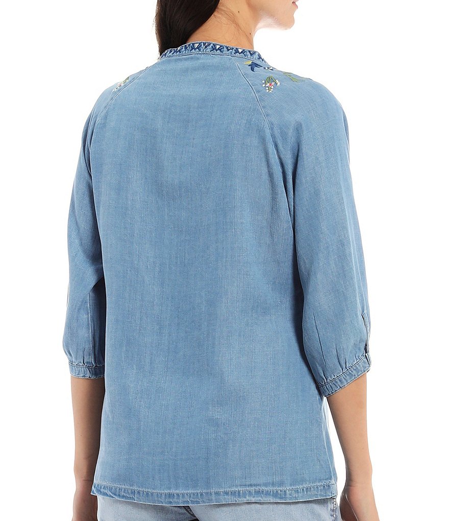 Reba Multi Floral Embroidered Button Front Chambray Top