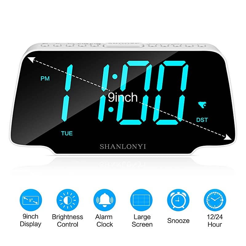 Loud Alarm Clock Radio with 9 Inch Blue LED Display for Bedroom, 3 Dimmer, Snooze, FM Radio, 12/24H, Auto DST, USB Chargers, Battery Backup for Kids, Heavy Sleepers, Elderly