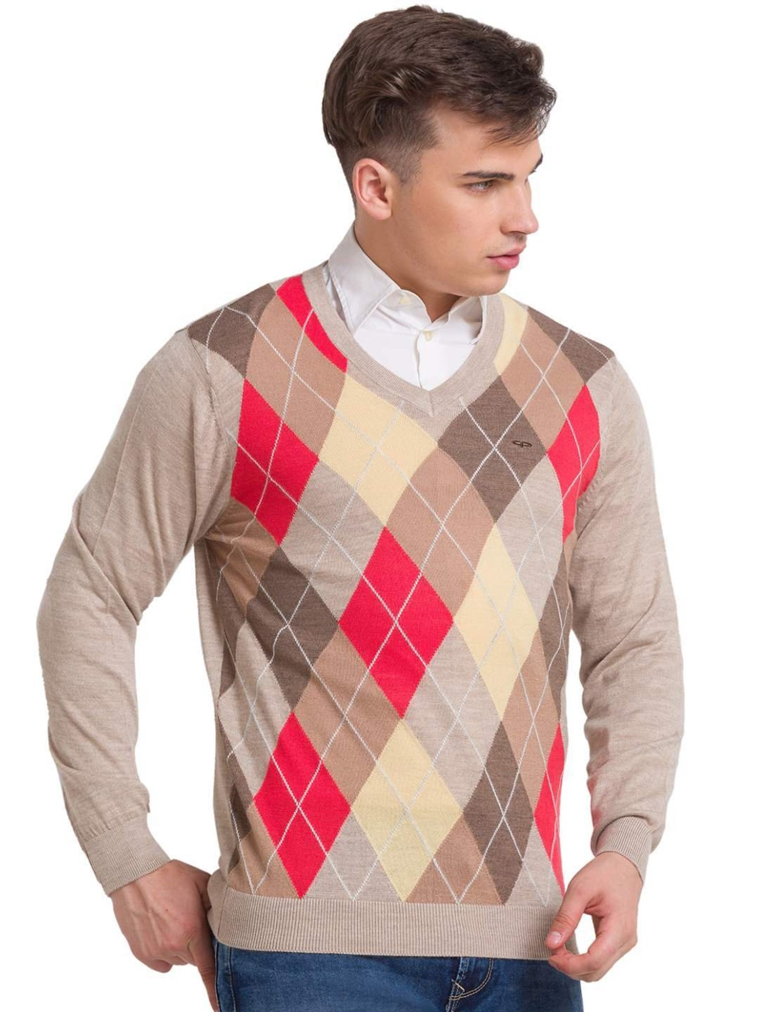 ColorPlus Beige Tailored Fit Self Pattern Sweater