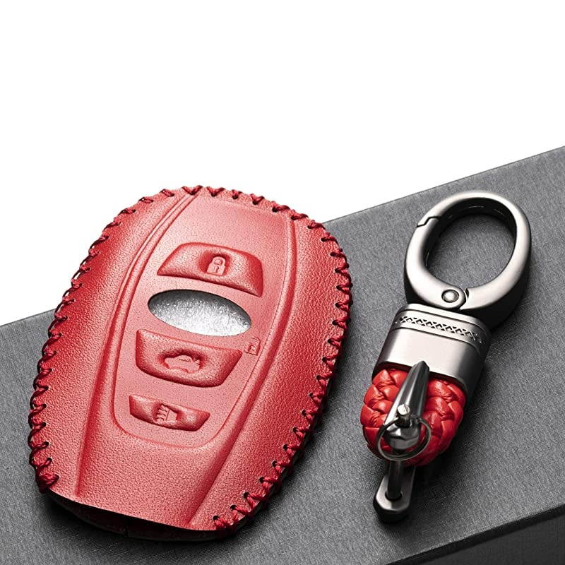Subaru Leather Keyless Entry Remote Control Smart Key Case Cover with a Key Chain for 2019 Subaru Forester Impreza Outback WRX BRZ XV Crosstrek 4Button Red