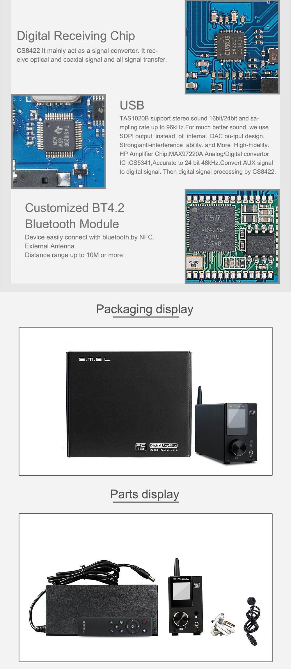 SMSL AD18 80Wx2 DSP HIFI Bluetooth Pure Digital Audio Amplifier Optical/Coaxial USB DAC Decoder - EU - EU