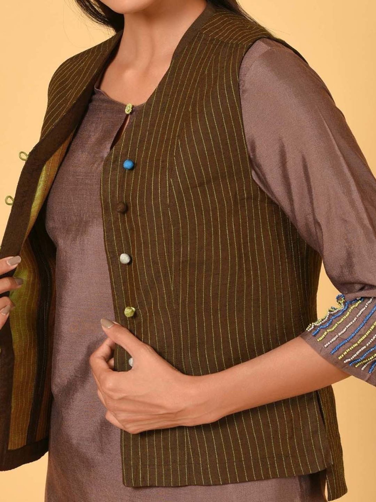 Nuhh Brown Kurta With Churidar & Jacket