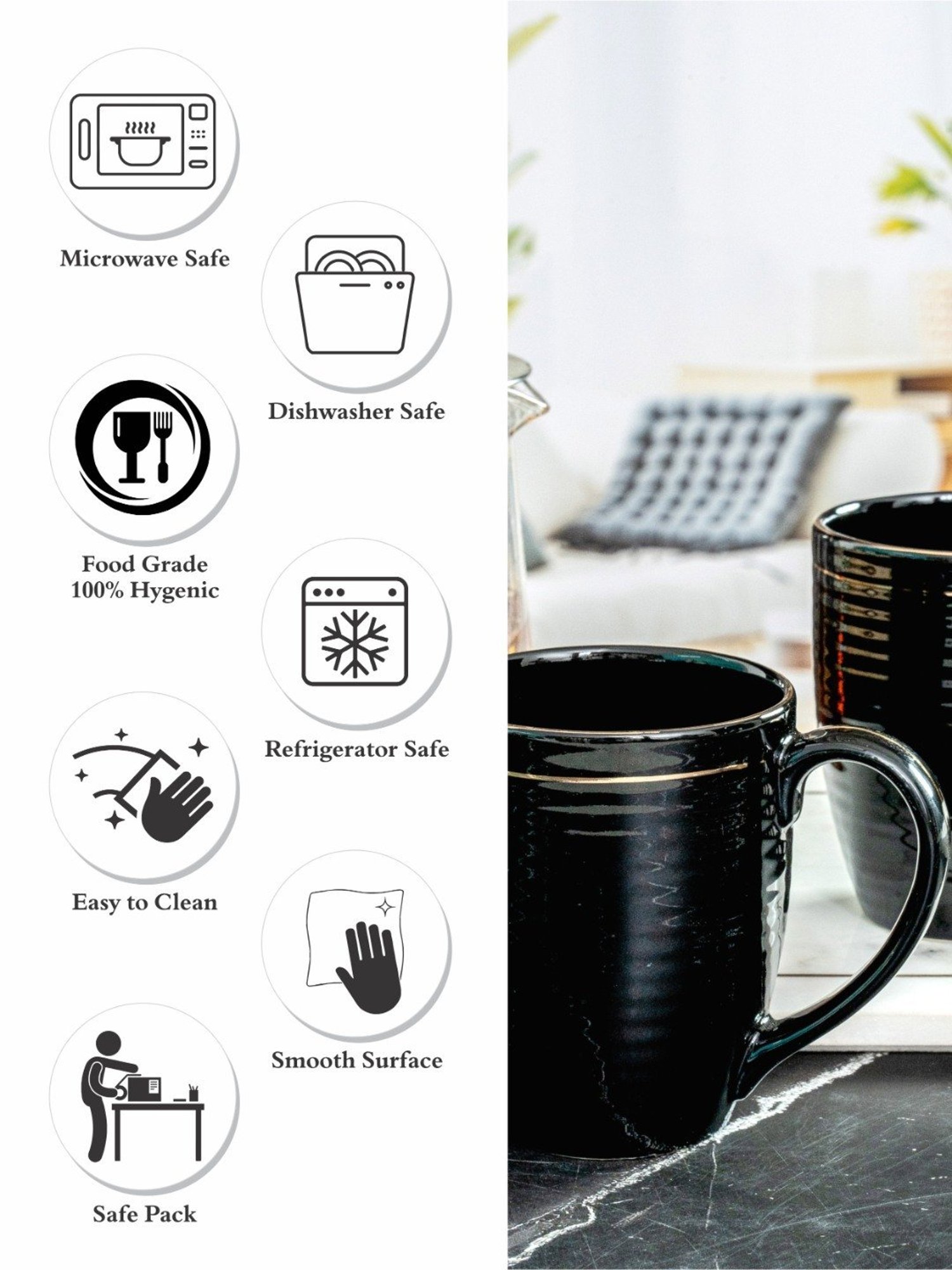 ROXX Black Stoneware Gold Line Coffee Mug - Set of 2