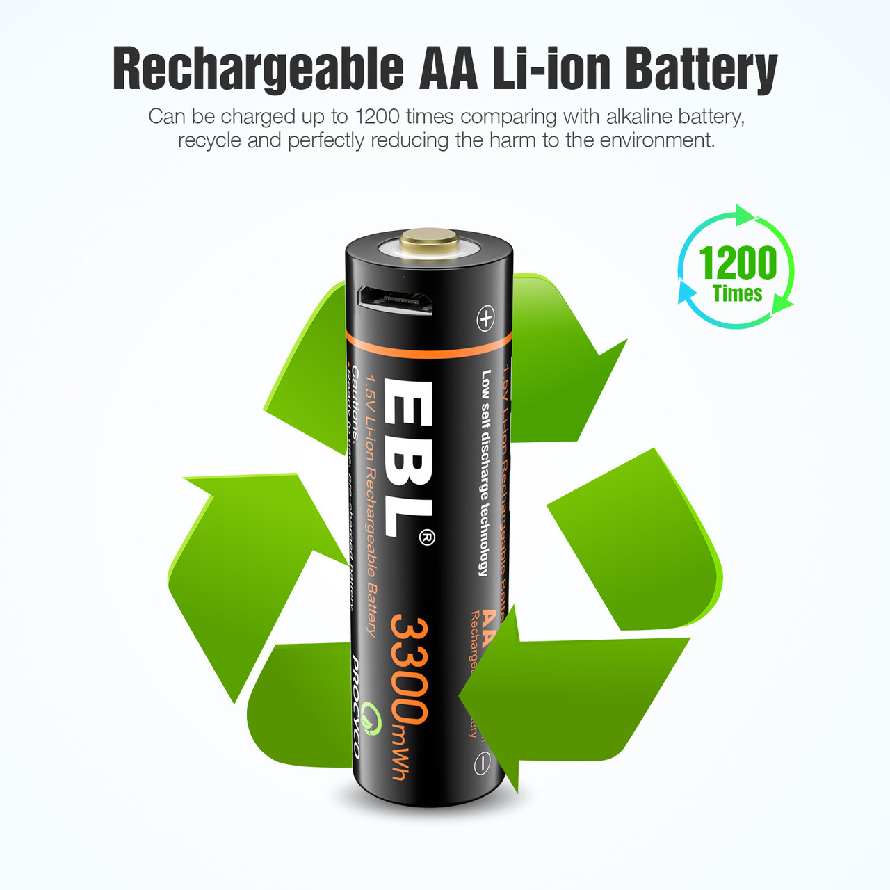 EBL 4 Pcs 3300mWh AA 1.5v Lit-ion Rechargeable Batteries Double A Lithium Battery with 4 in 1 Micro USB Charging Cable