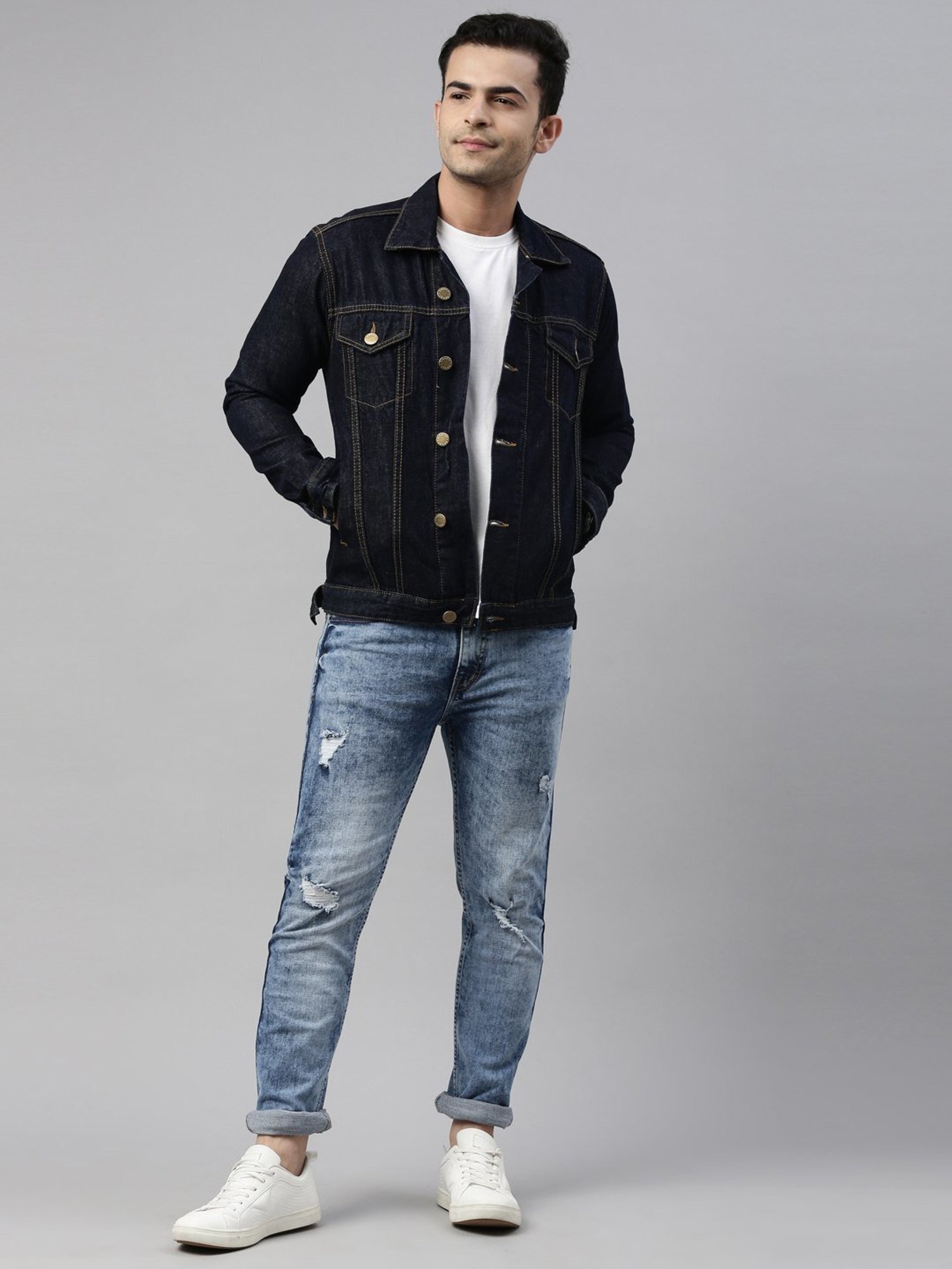 CINOCCI Navy Blue Cotton Slim Fit Denim Jacket