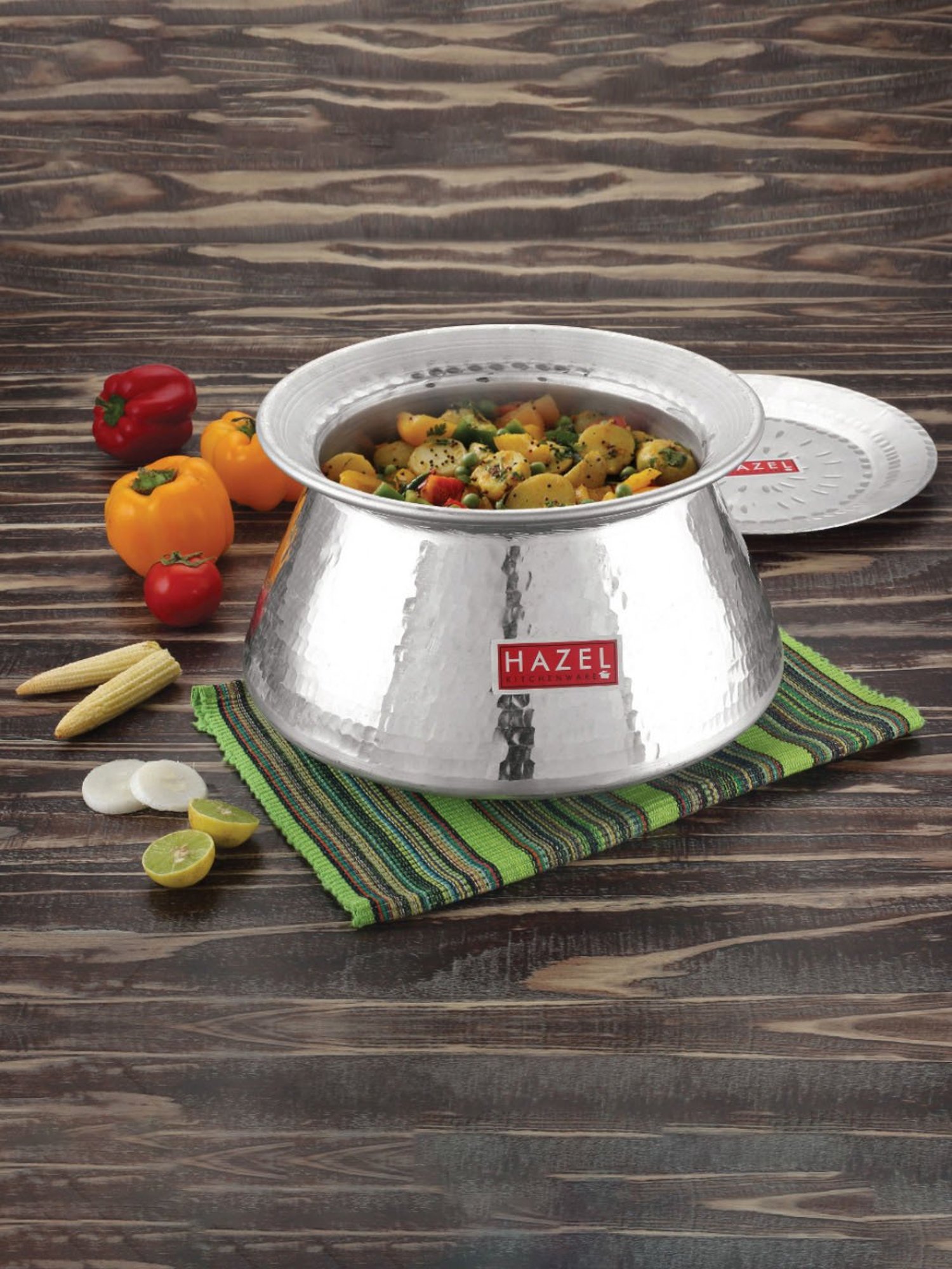 HAZEL Hammered Finish Silver Aluminium Tope or Patila with Lid (Set of 1)