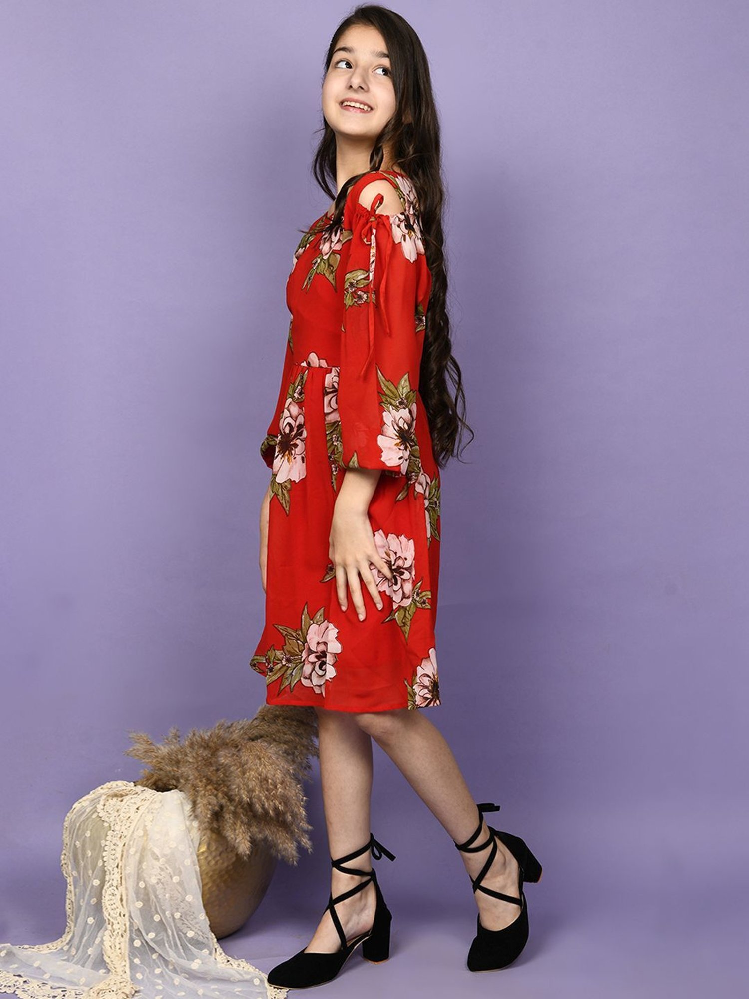 LilPicks Kids Red & Green Floral Print Dress