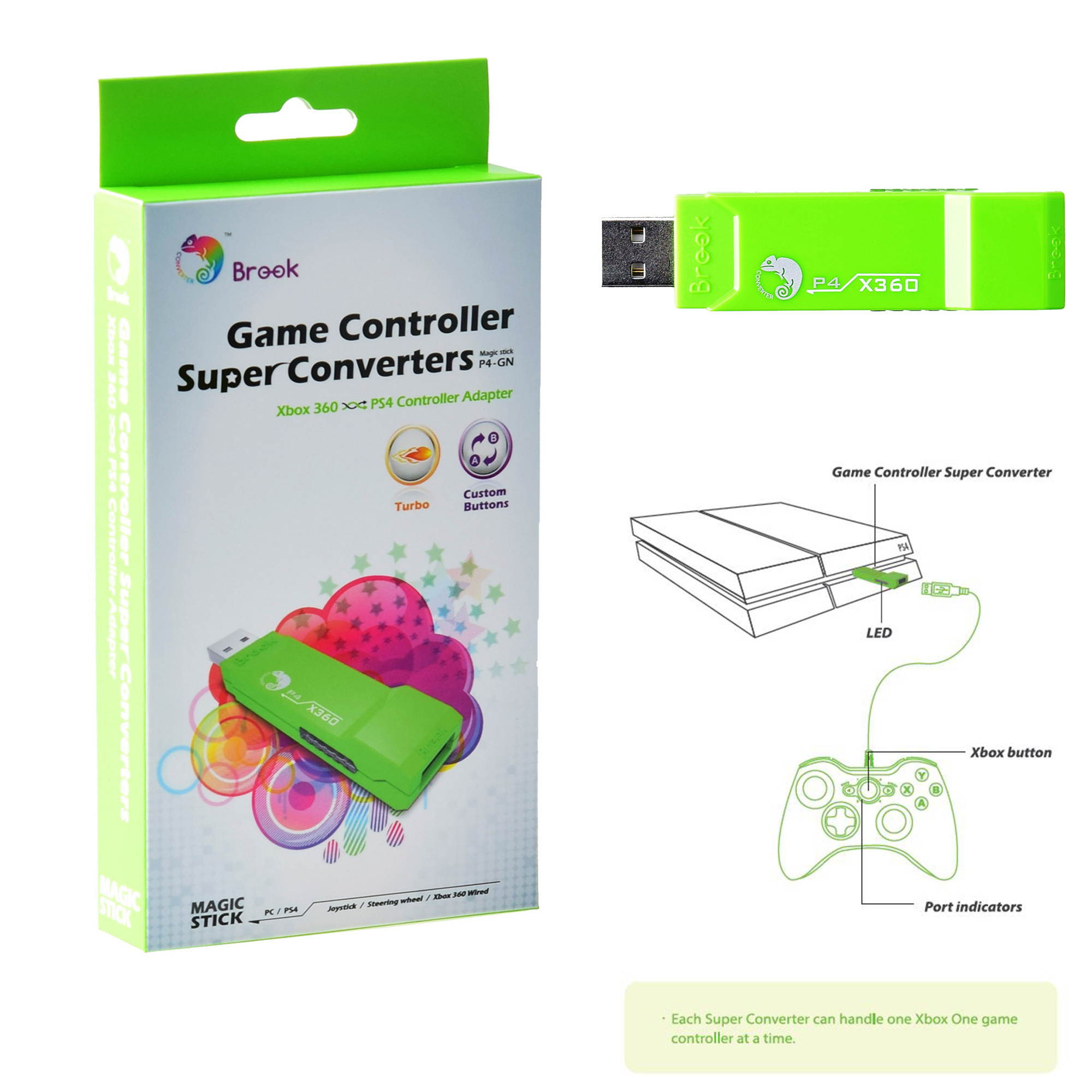 Brook Cross Plateform Xbox 360 to PS4 Gaming Converter Controller Adapter Lime