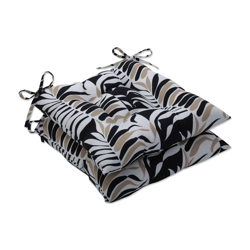 2pk Outdoor/Indoor Wrought Iron Seat Cushion Set Palm Stripe Black/Tan - Pillow Perfect