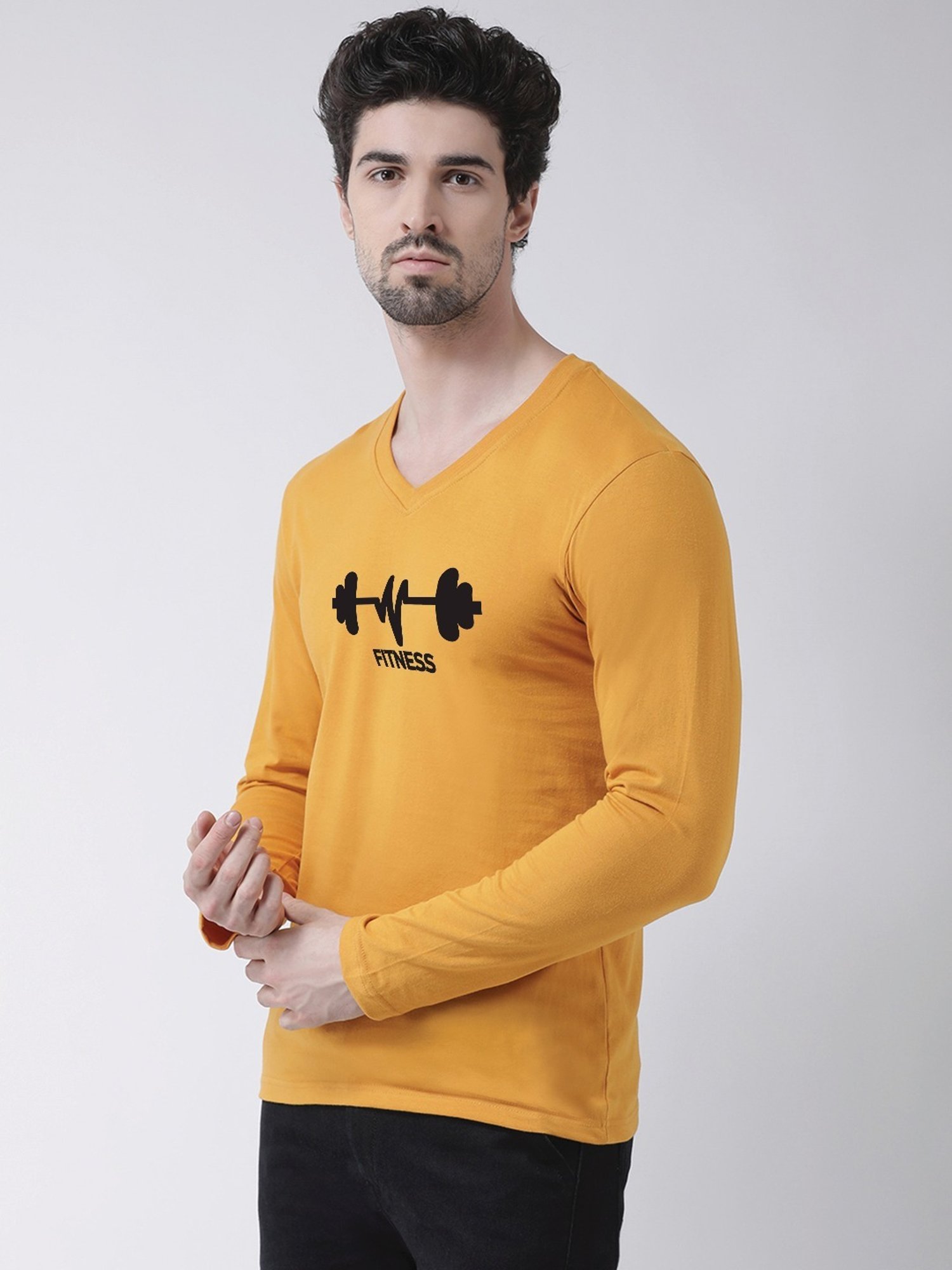 Friskers Mustard Cotton Slim Fit Printed T-Shirt